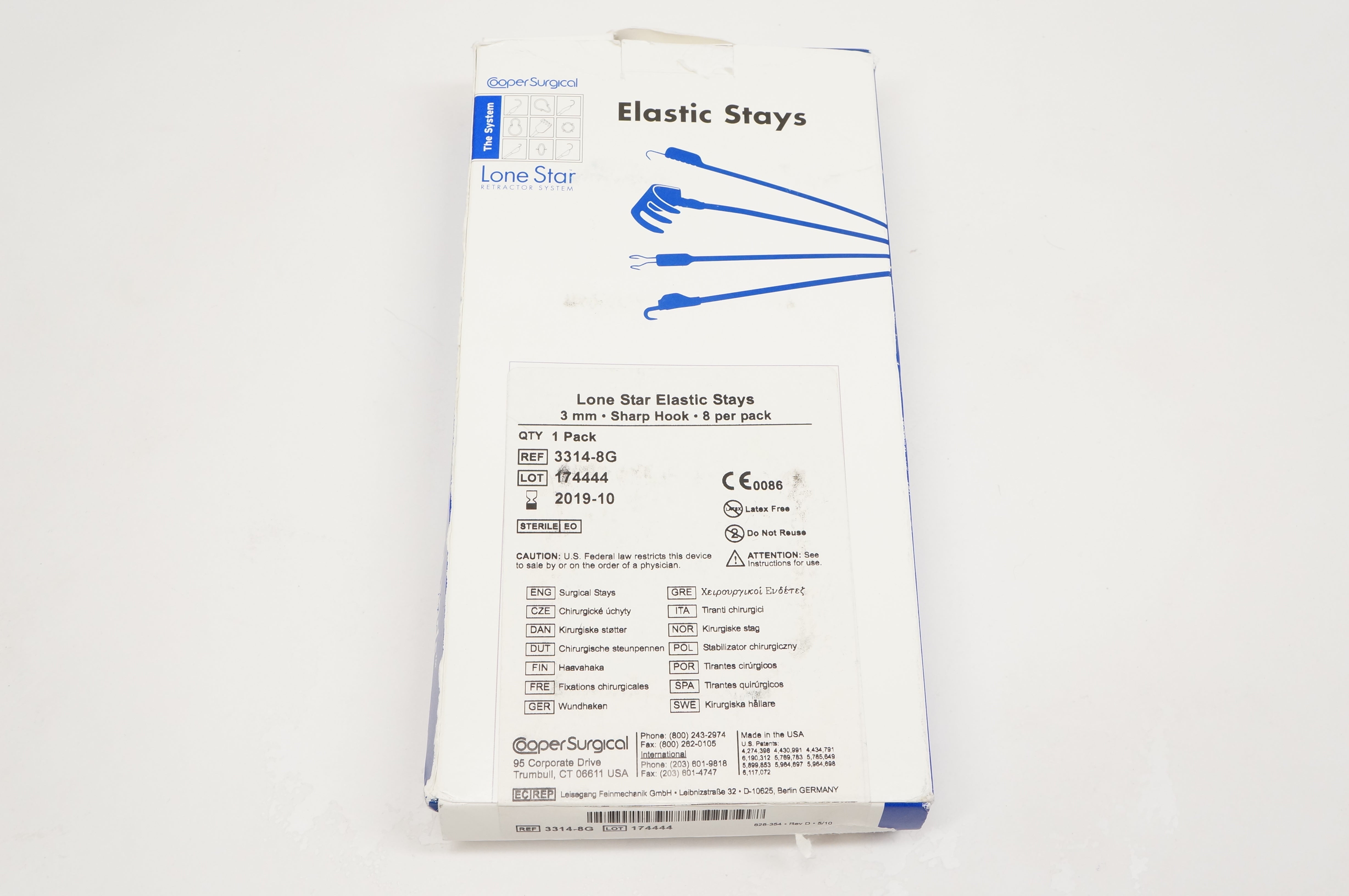 Cooper Surgical 3314-8G Lone Star Elastic Stays 3mm, Sharp Hook (x) - Box of 8