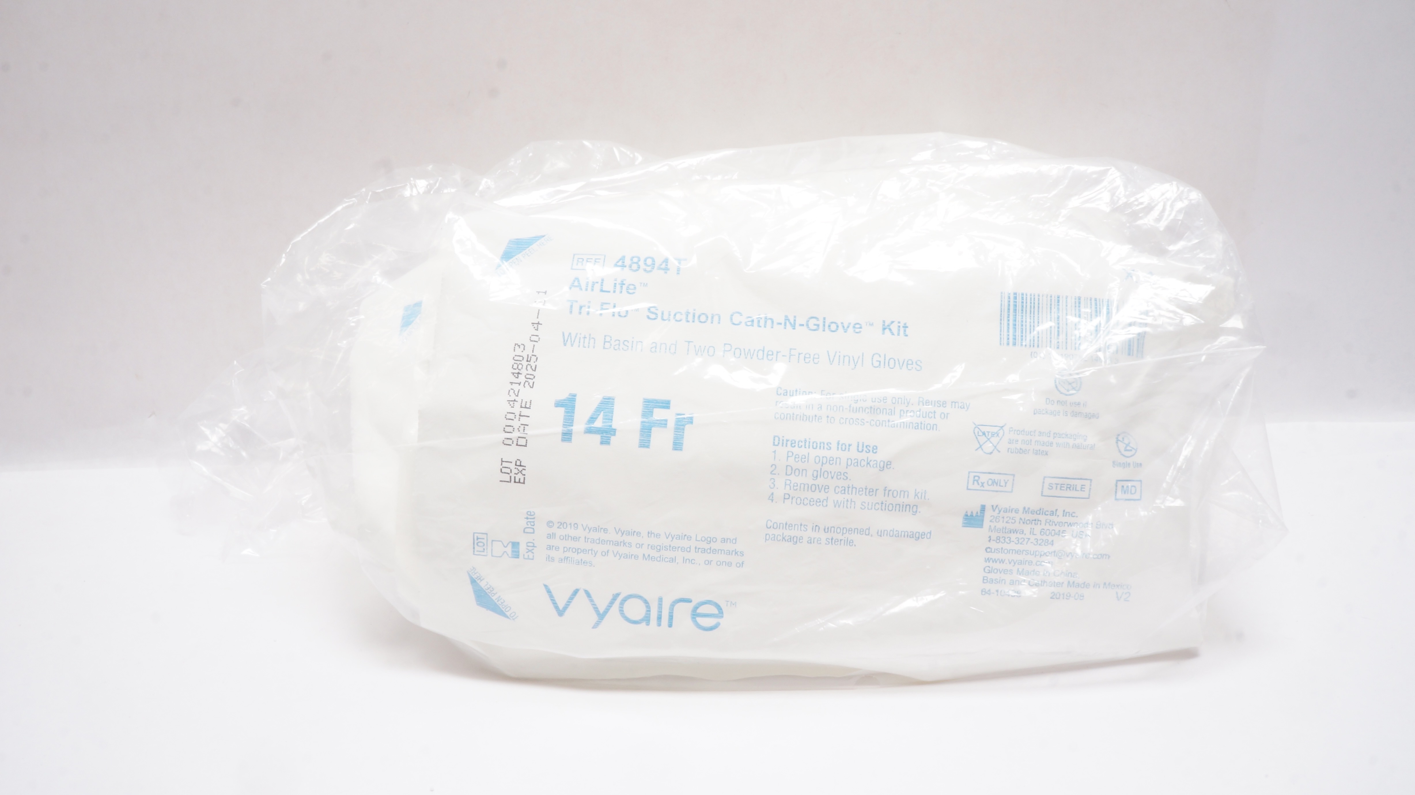 Vyaire 4894T AirLife Tri-Flo Suction Cath-N-Glove Kit with Basin & Gloves 14Fr