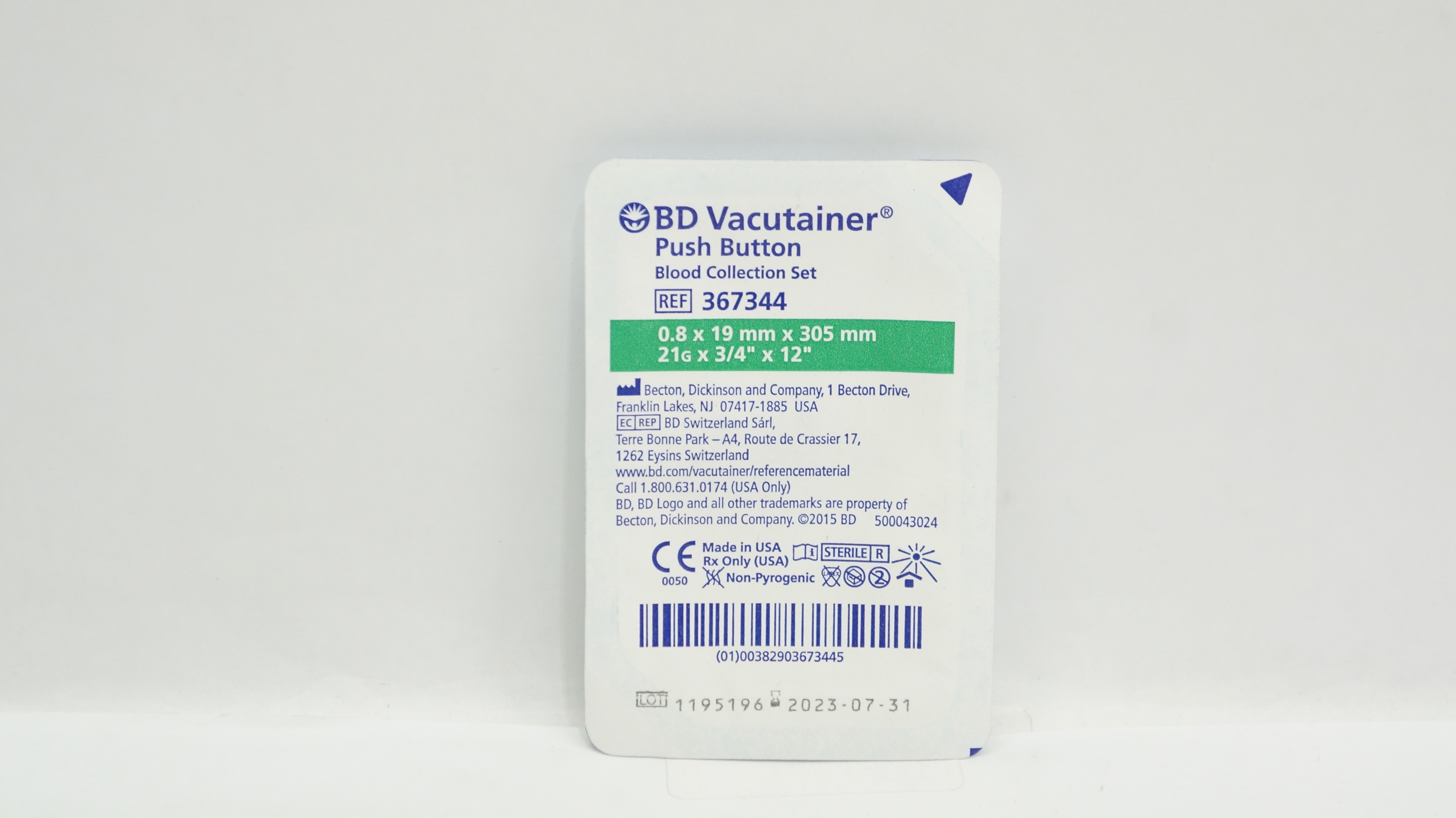 BD 367344 Vacutainer Push Button Blood Collection Set 21G x 3/4inch x 12inch (x)
