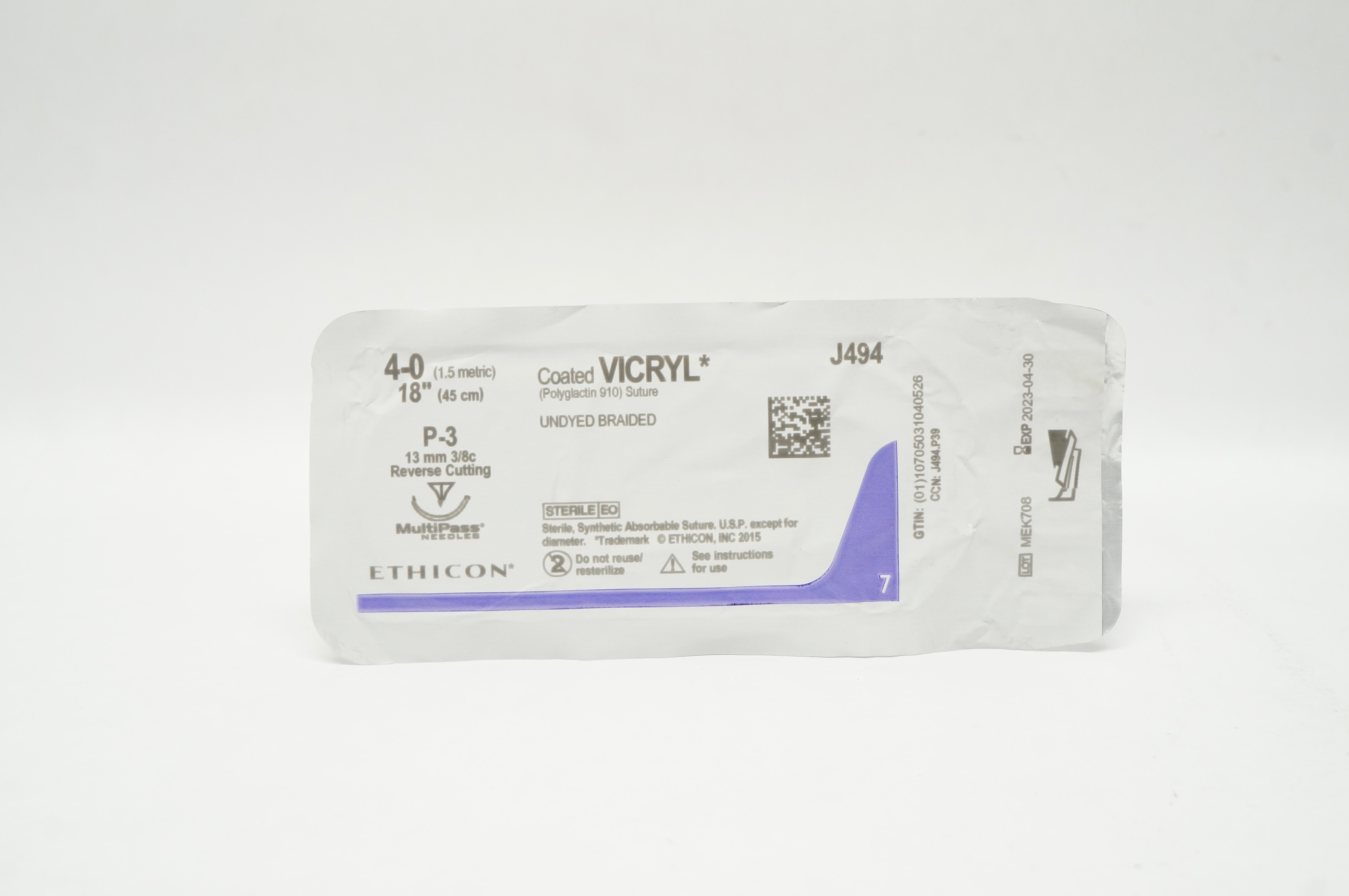 Ethicon J494 4-0 Coated VICRYL Stre P-3 13mm 3/8c Reverse Cutting, 18inch