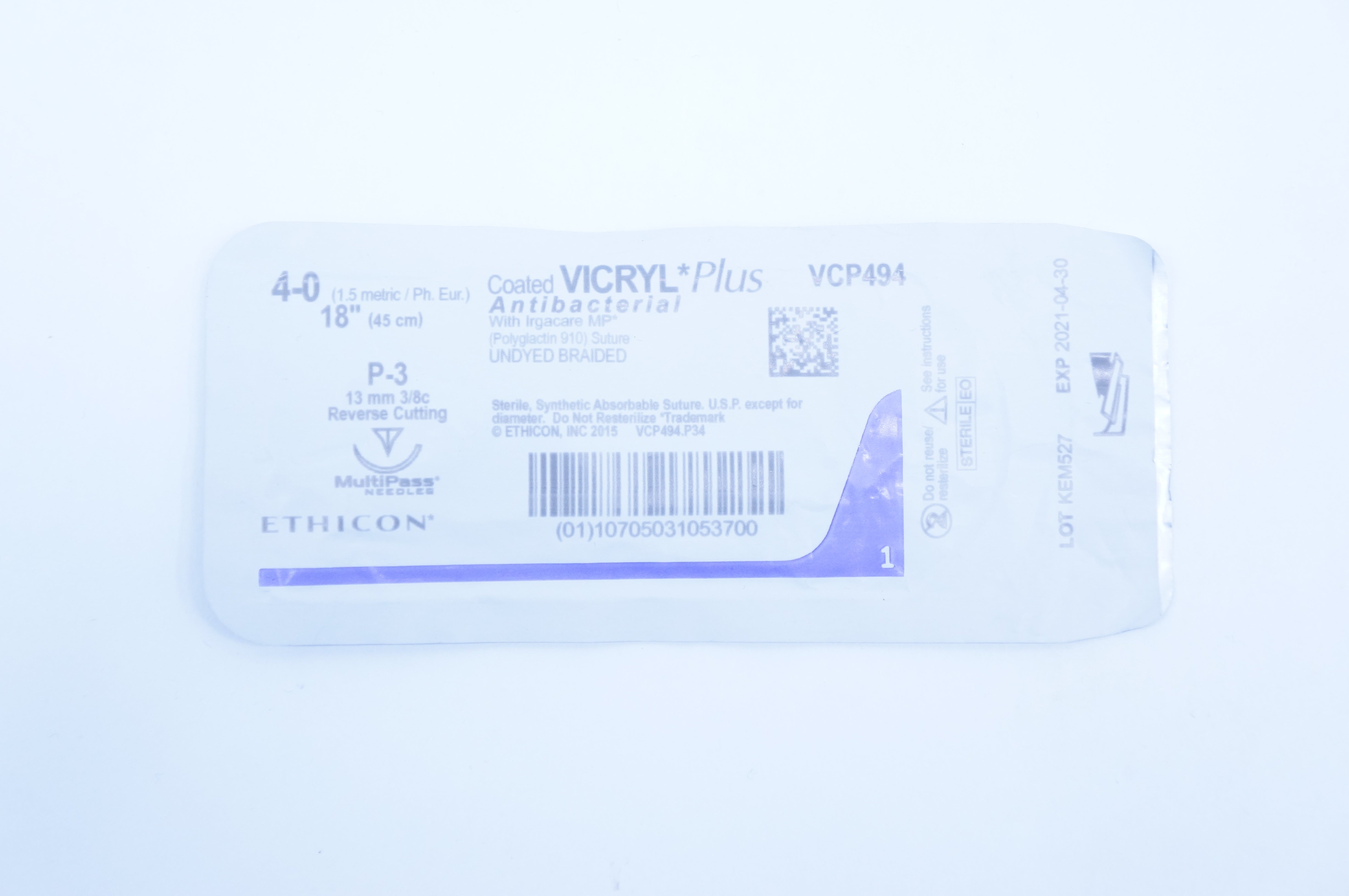 Ethicon VCP494 4-0 Vicryl Stre. Undyed Braided 18inch, P-3