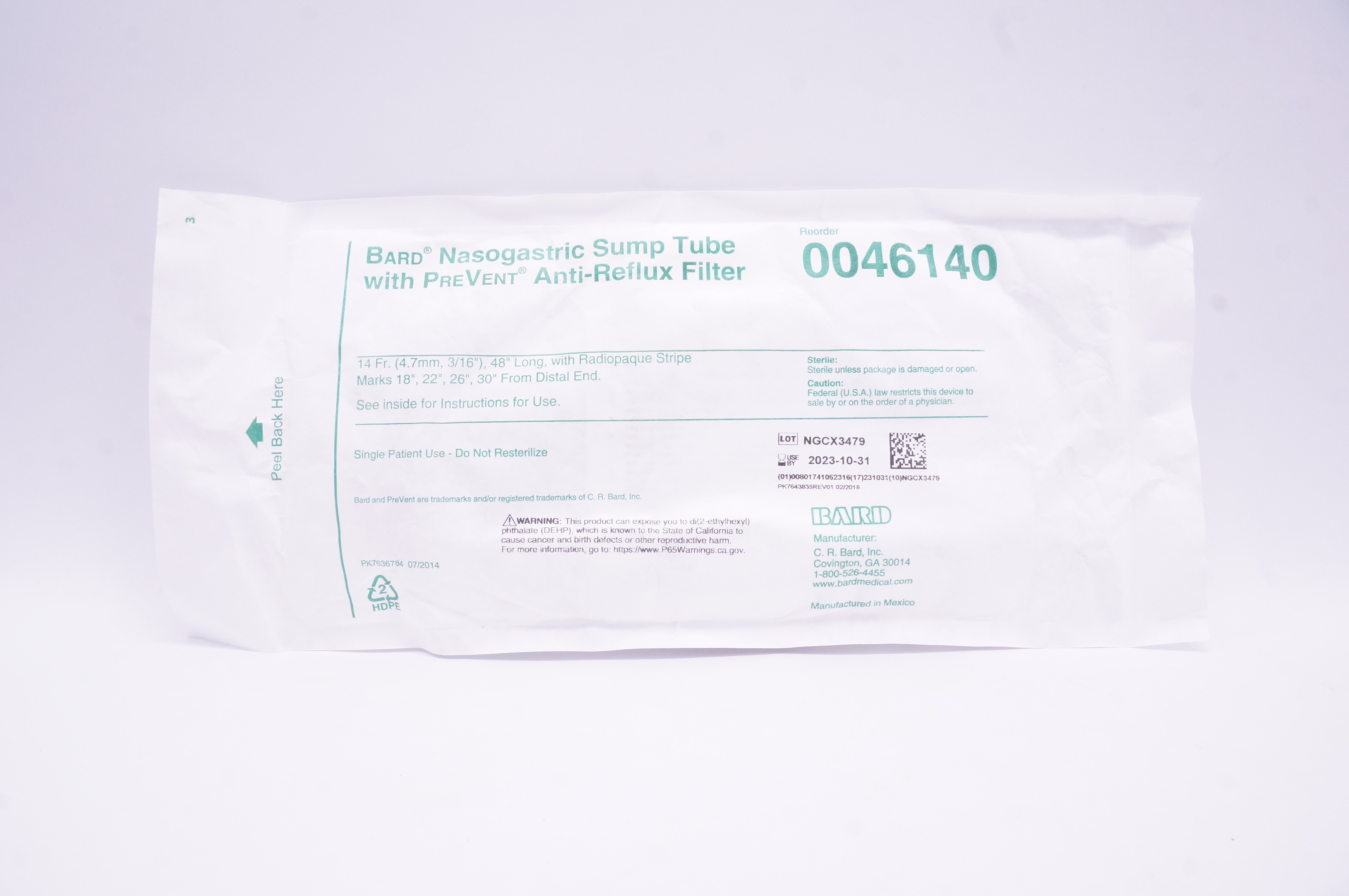 Bard 0046140 Nasogastric Sump Tube with PreVent Anti-Reflux Filter 14Fr x 48inch