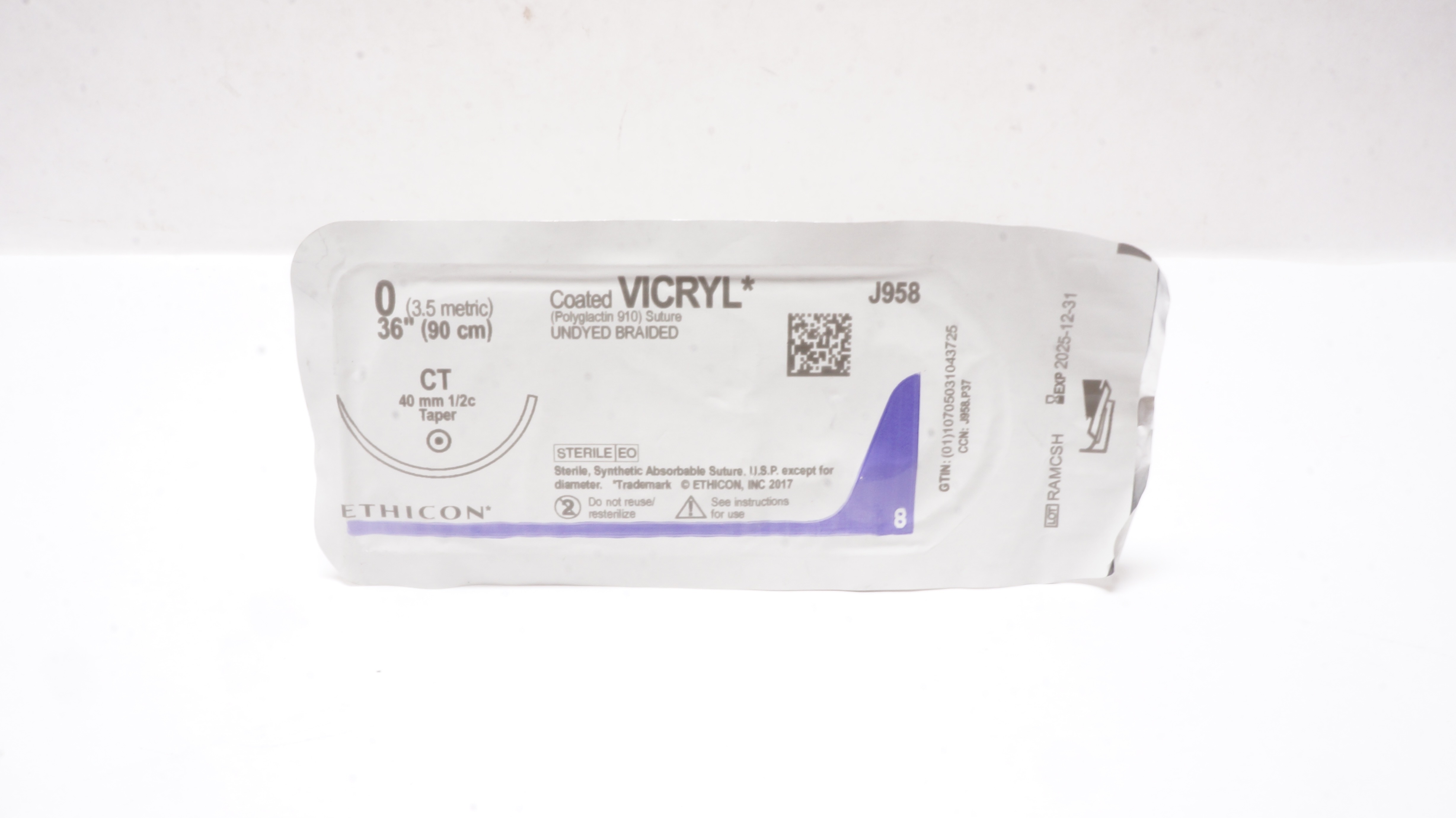 Ethicon J958 0 Coated VICRYL Polyglactin Stre CT 40mm 1/2c Taper, 36inch