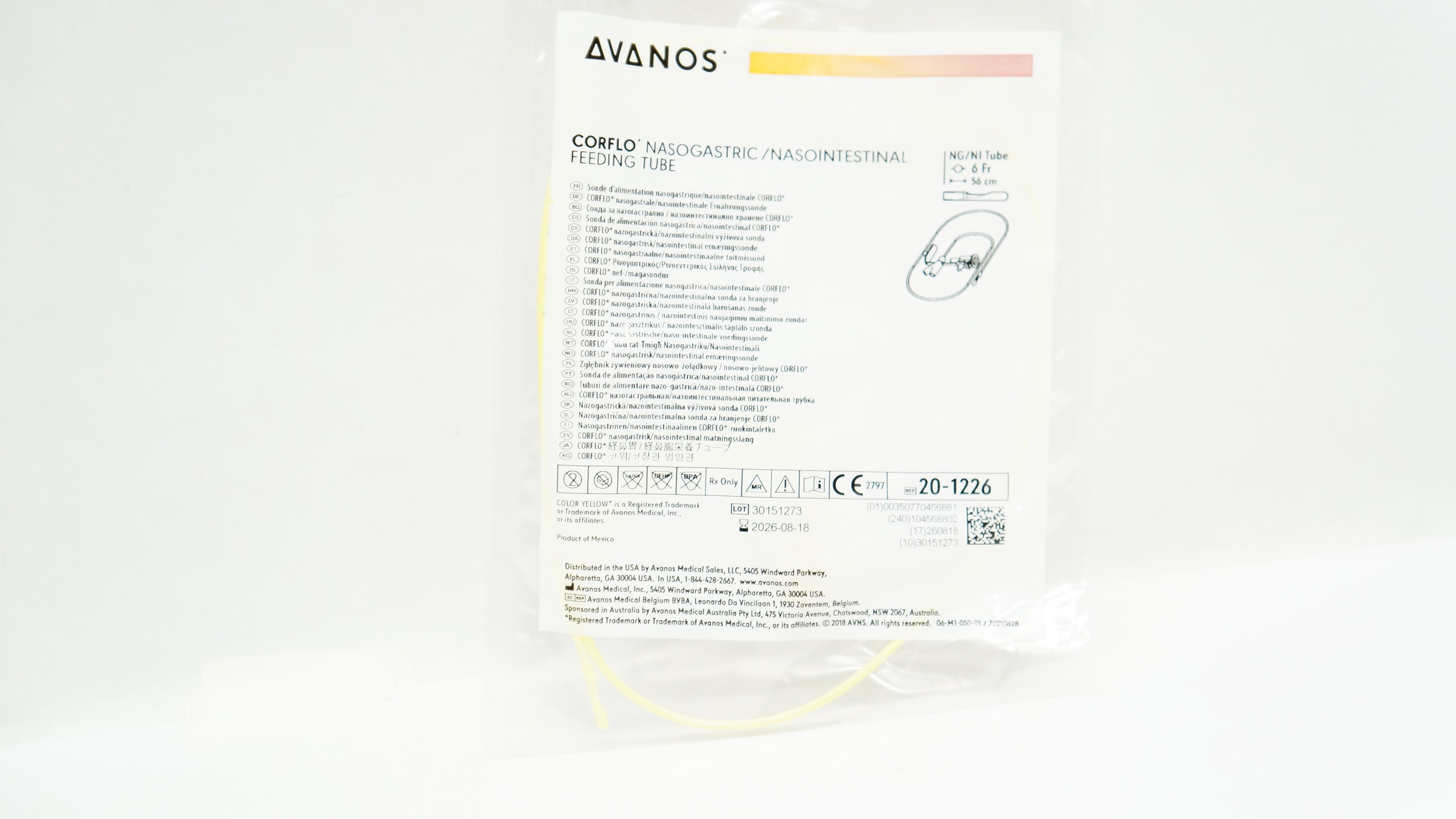 Avanos 20-1226 Corflo Nasogastric/ Nasointestinal Feeding Tube 6Fr x 56cm