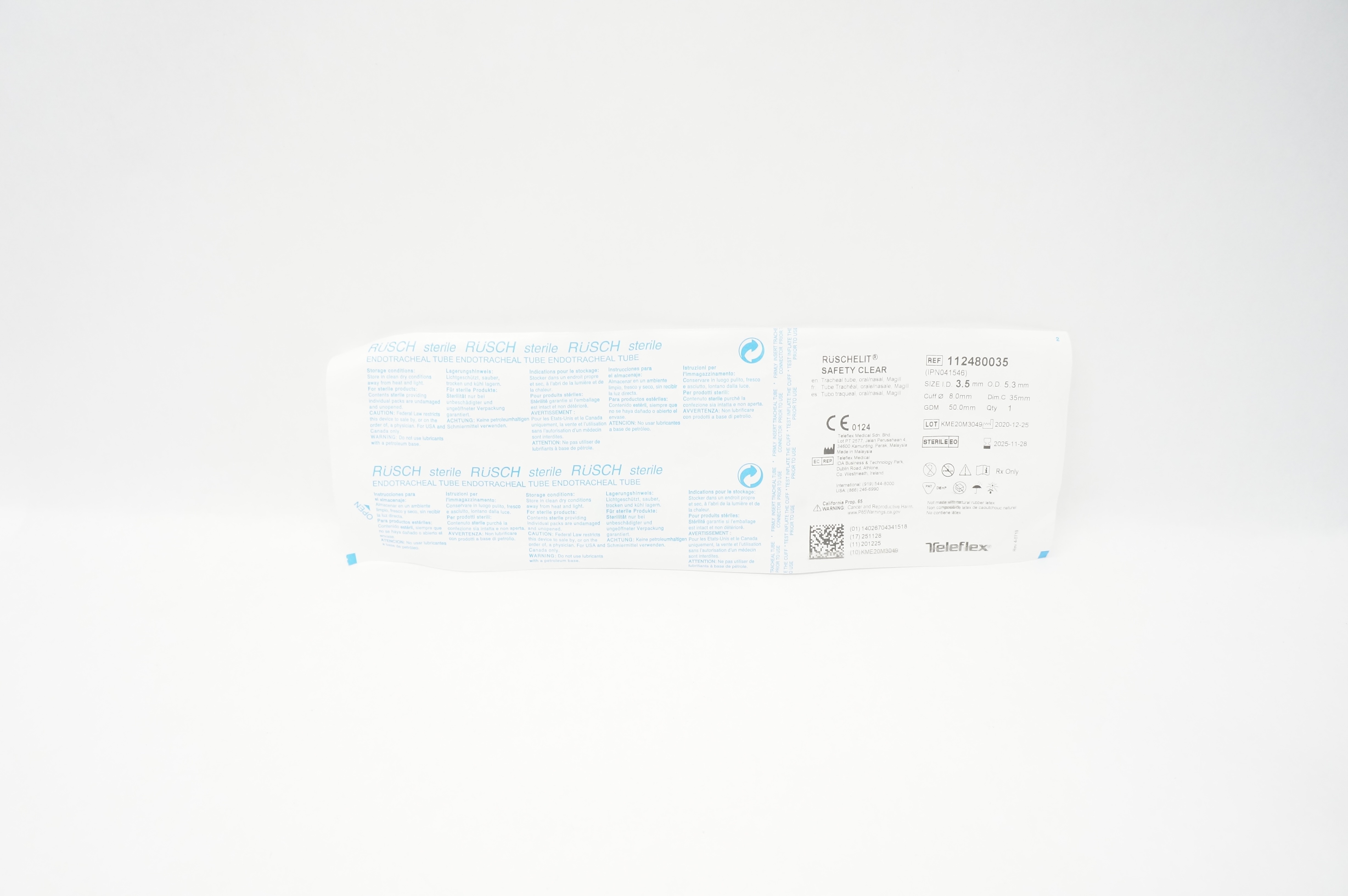 Teleflex 112480035 Ruschelit Safety Clear Tracheal Tube 3.5mm ID x 5.3mm OD