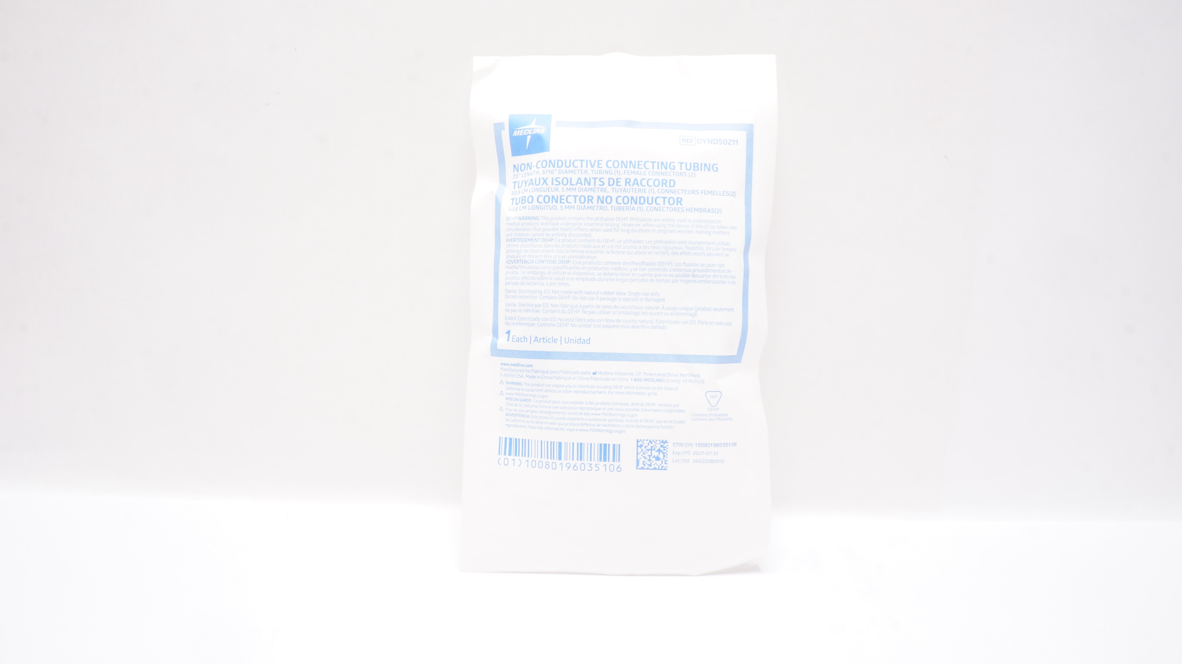 Medline DYND50211 Non-Conductive Connecting Tubing 20inch x 3/16inch, &Connector