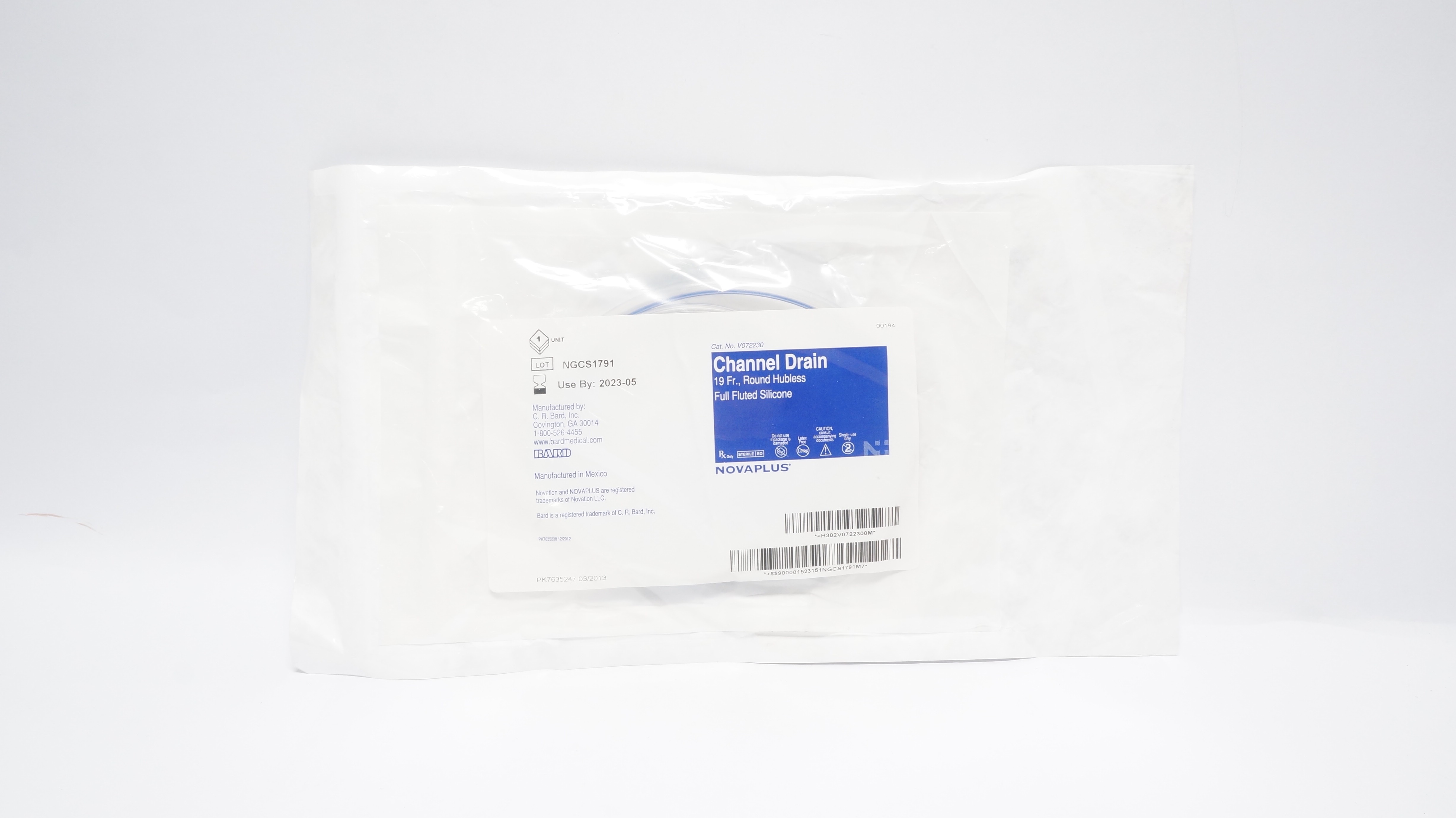 Bard V072230 Novaplus Channel Drain 19Fr. Round Hubless Full Fluted Silicone (x)