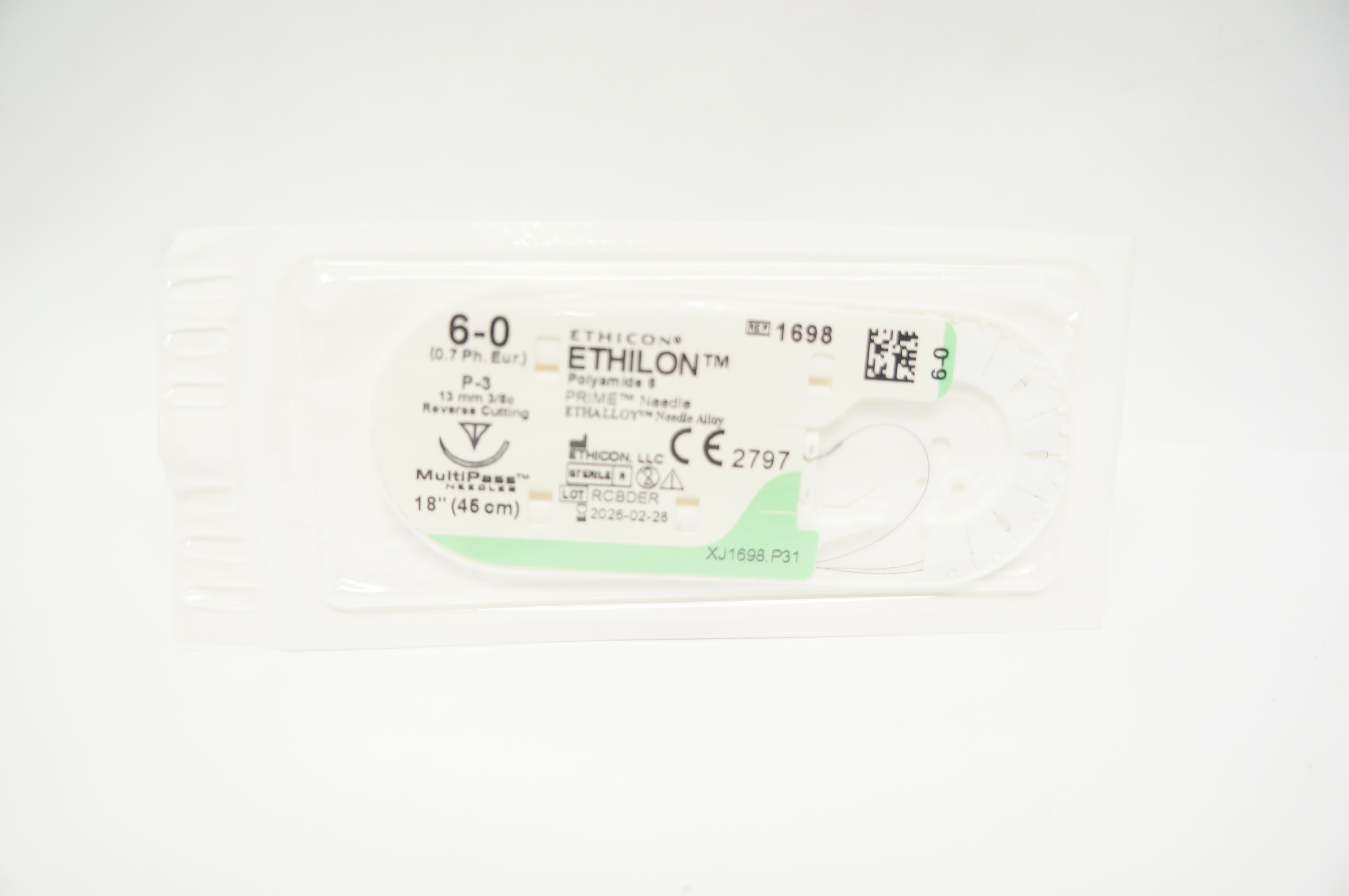 Ethicon 1698 6-0 Ethilon Polyamide 6 Stre P-3 13mm 3/8c Reverse Cutting, 18inch