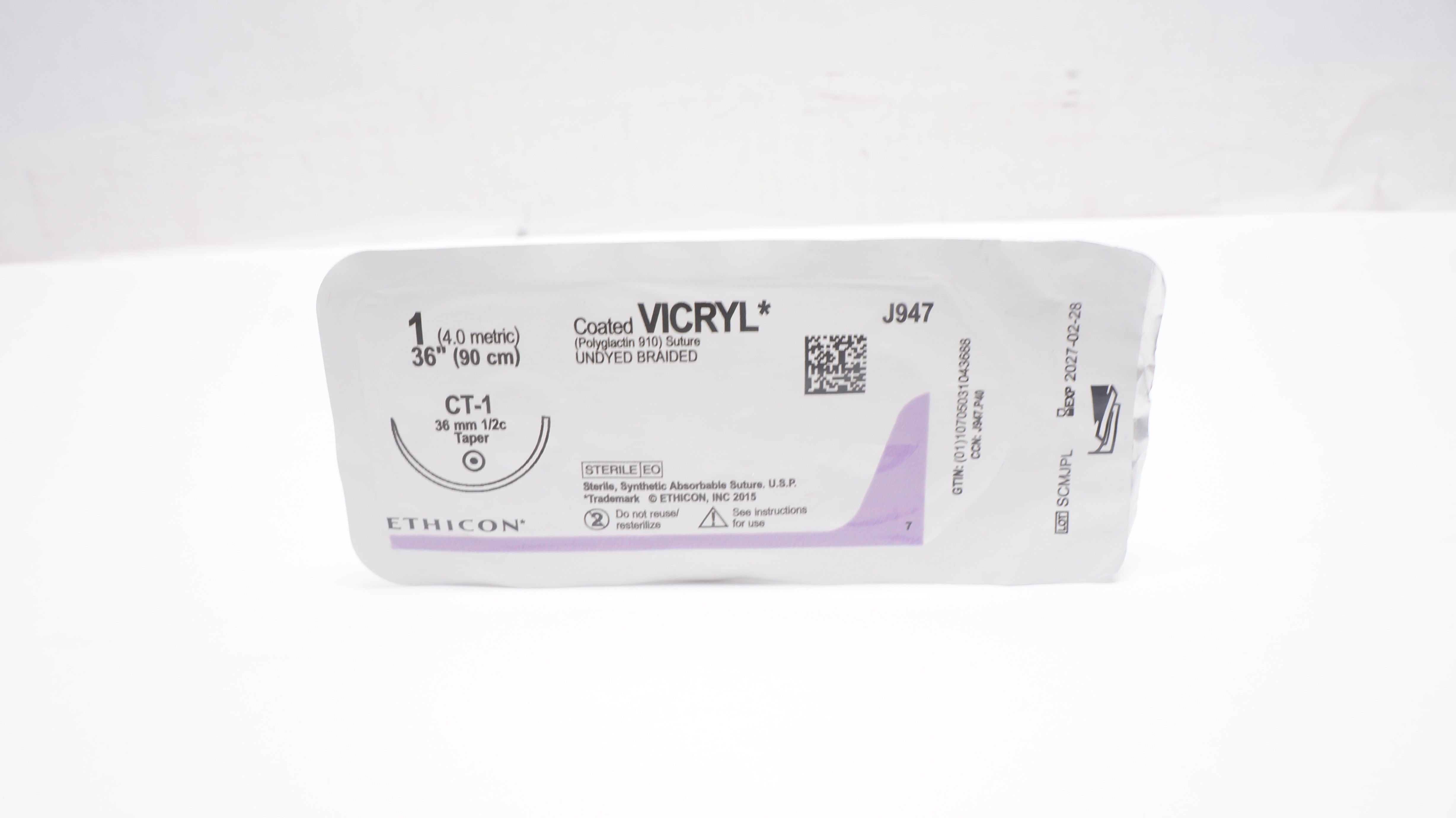 Ethicon J947 1 Coated VICRYL Stre Undyed Braided CT-1 36mm 1/2c Taper 36inch