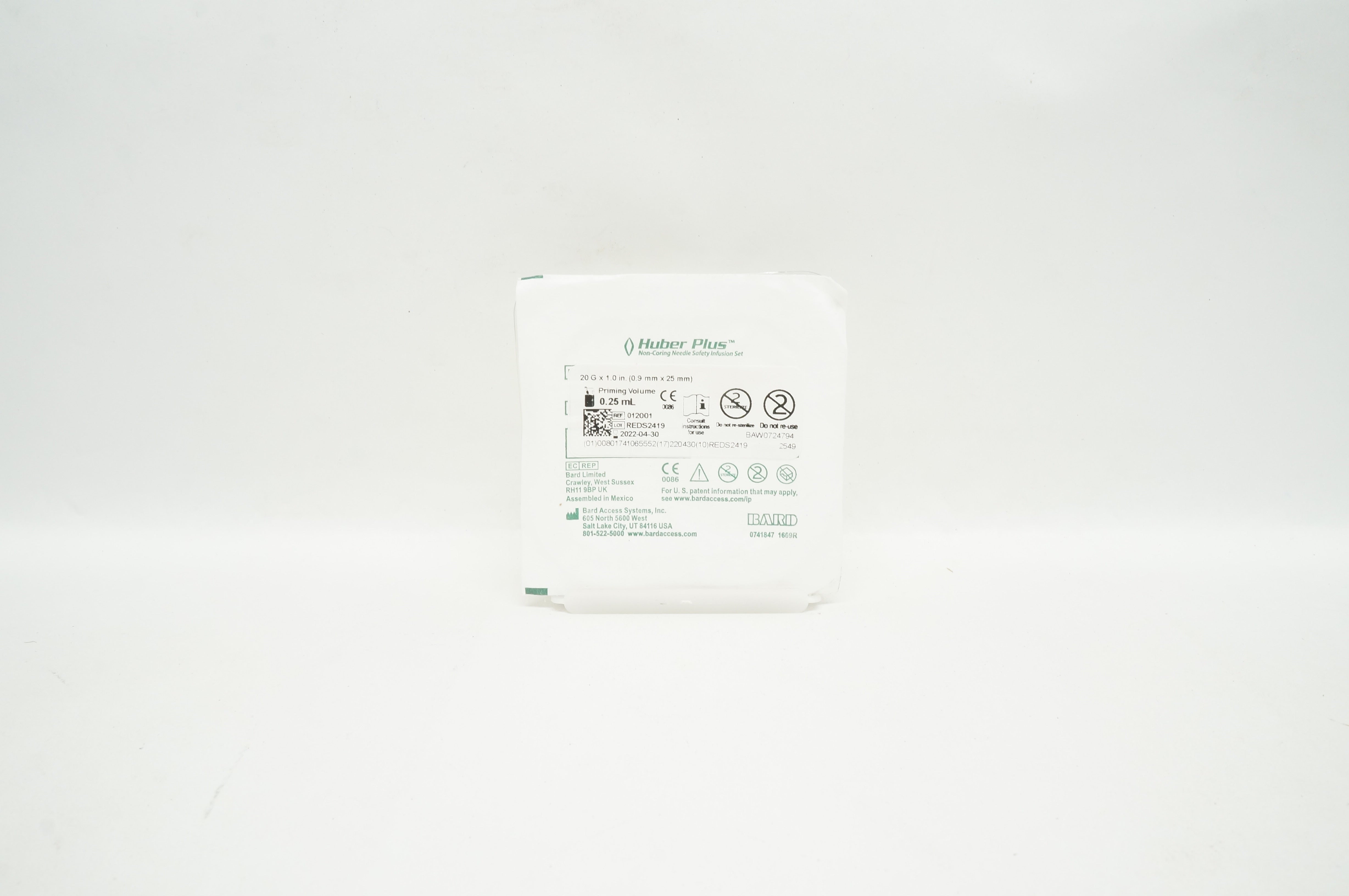 Bard 012001 Huber Plus Non-Coring Ndle Safety Infusion Set 20G x 1.0 inch