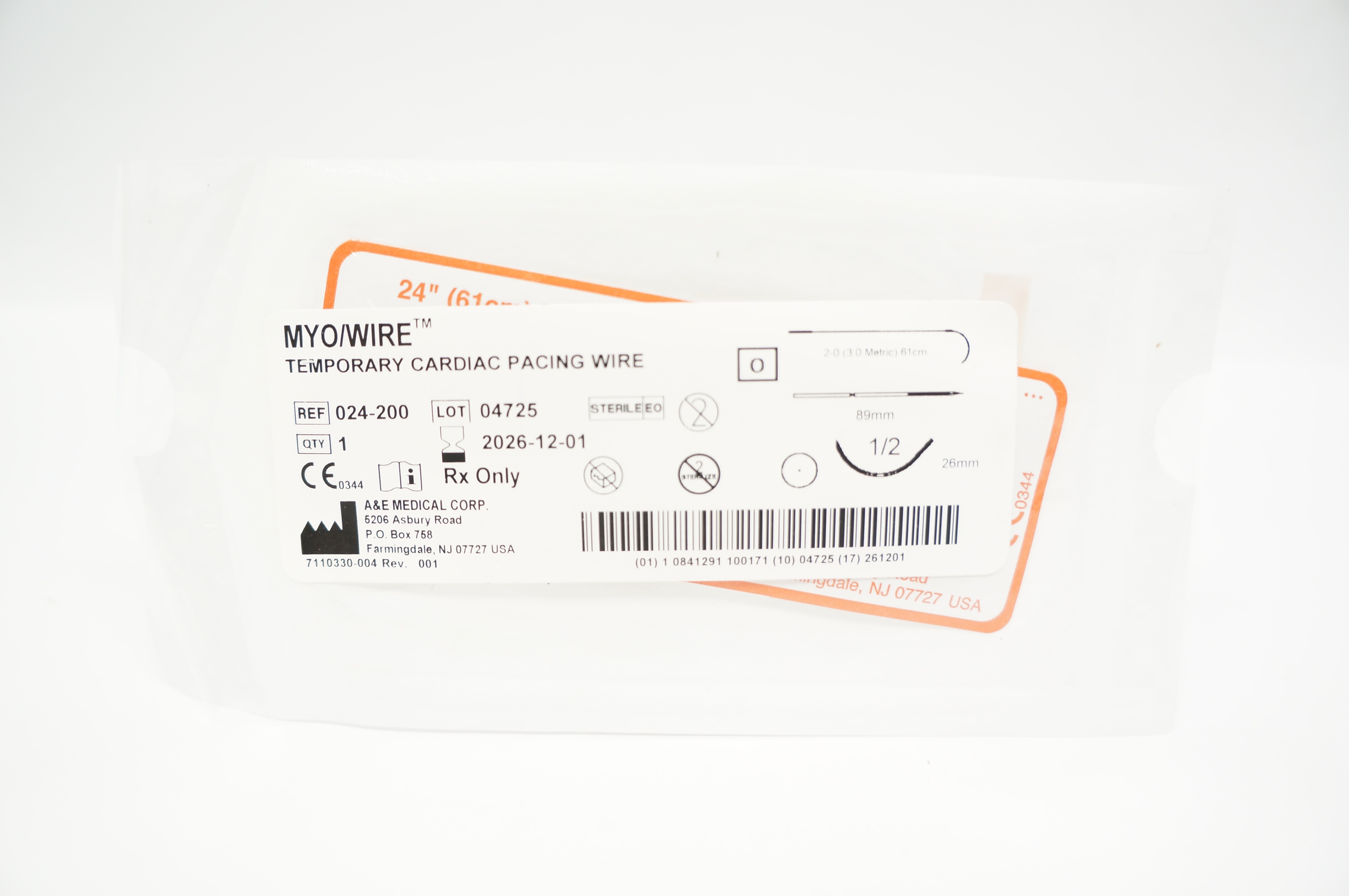 A&E Medical 024-200 2.0 Myo/Wire Temporary Cardiac Pacing Wire 1/2 26x 89mmx61cm