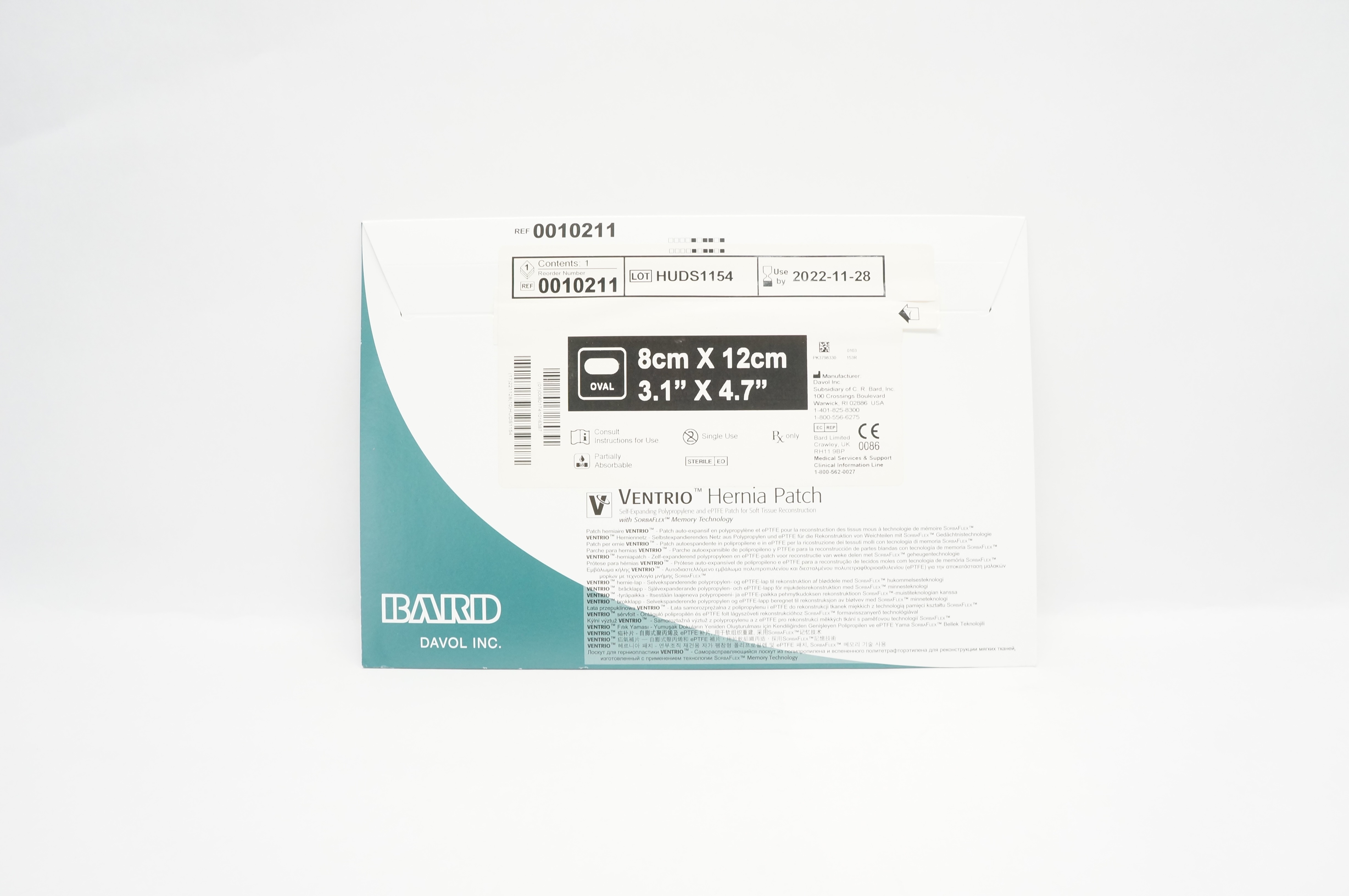 Bard 0010211 Ventrio Hernia Patch For Tissue Reconstruction 3.1 x 4.7inch (x)