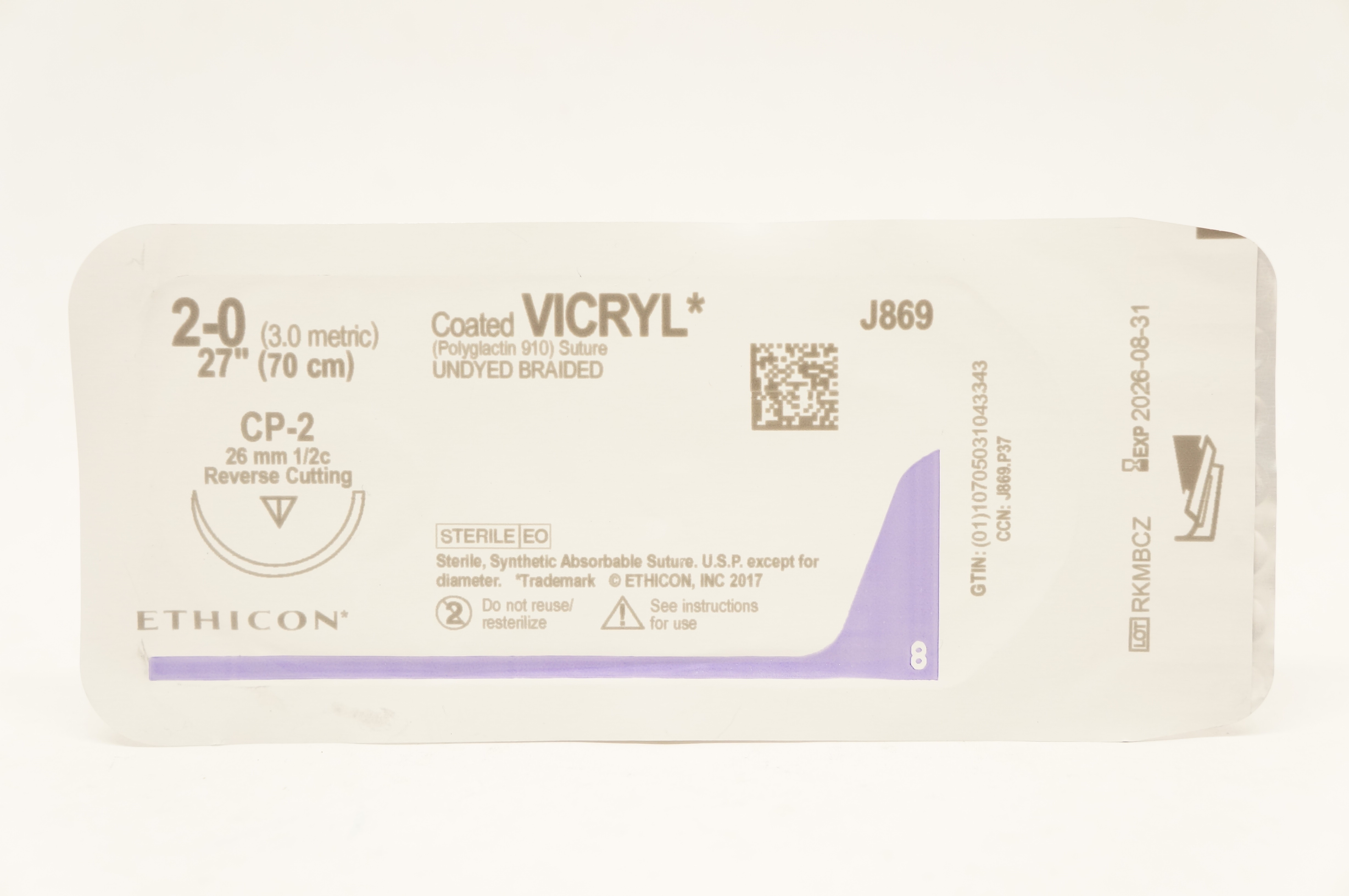 Ethicon J869 2-0 Coated Vicryl Polyglactin 910 Stre CP-2 26mm 1/2c 27in.