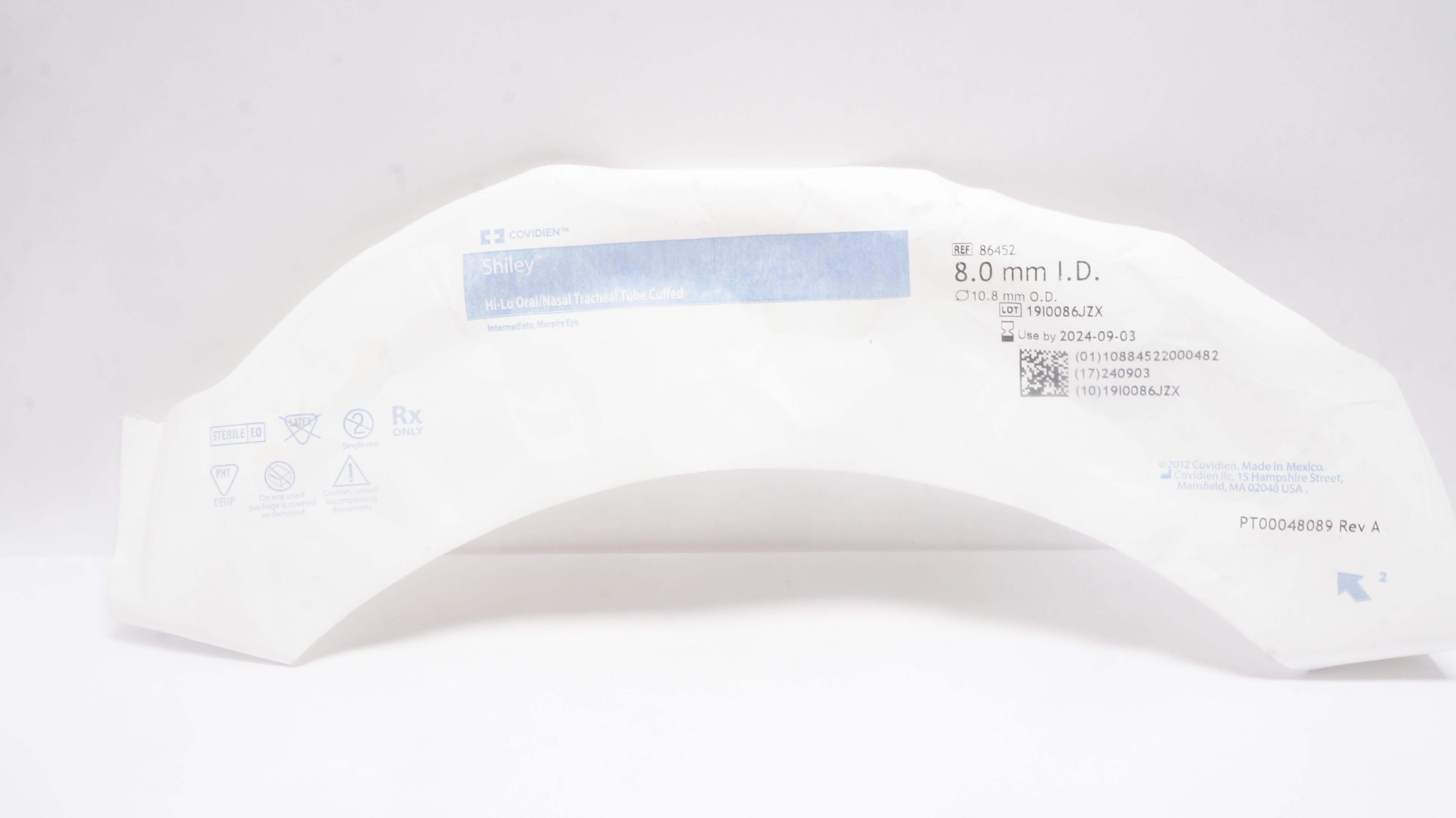 Covidien 86452 Shiley Hi-Lo Oral/Nasal Tracheal Tube Cuffed 8.0mm x 10.8mm