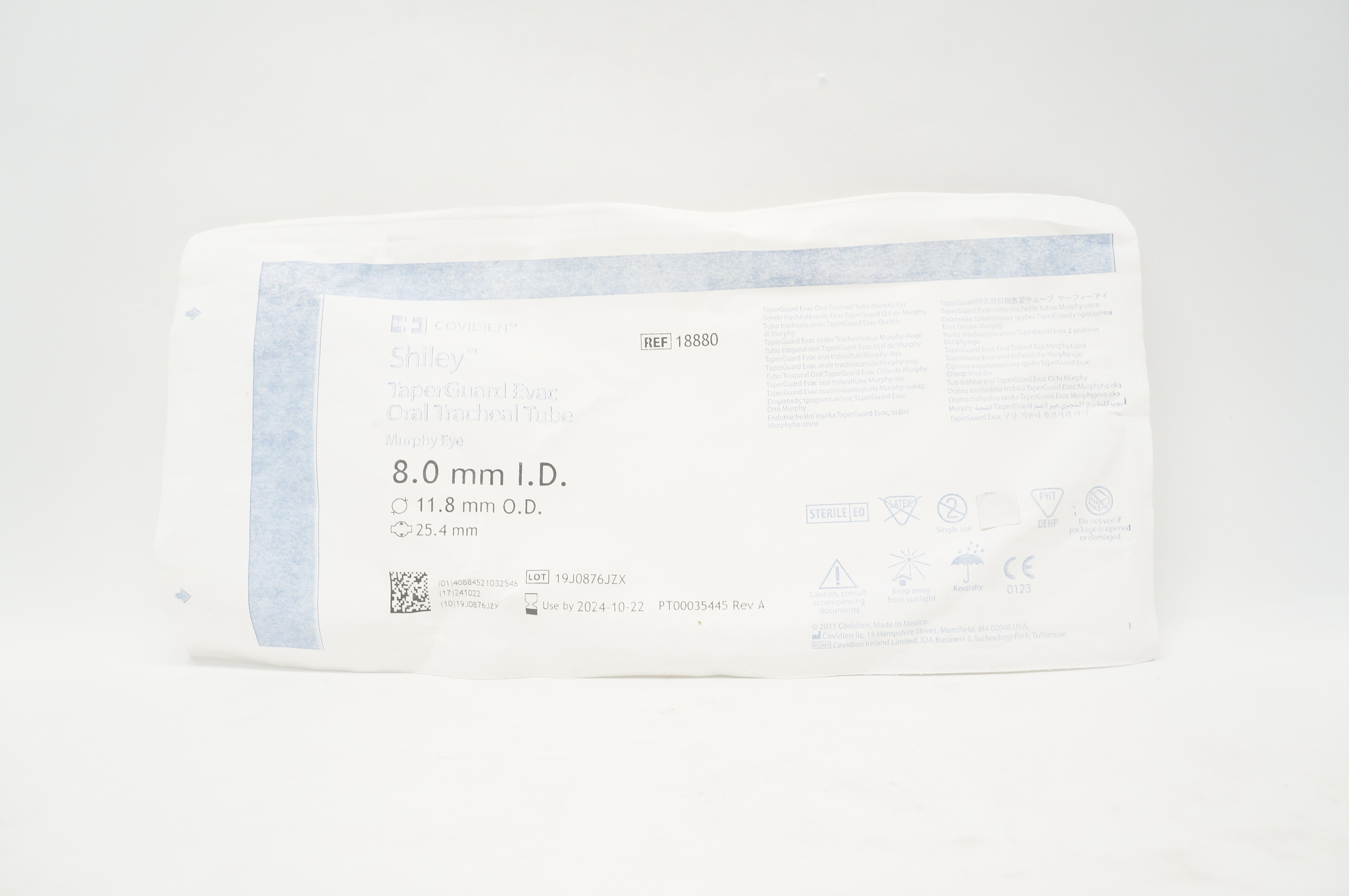 Covidien 18880 Shiley TaperGuard Evac Oral Tracheal Tube 8.0 ID x 11.8mm OD