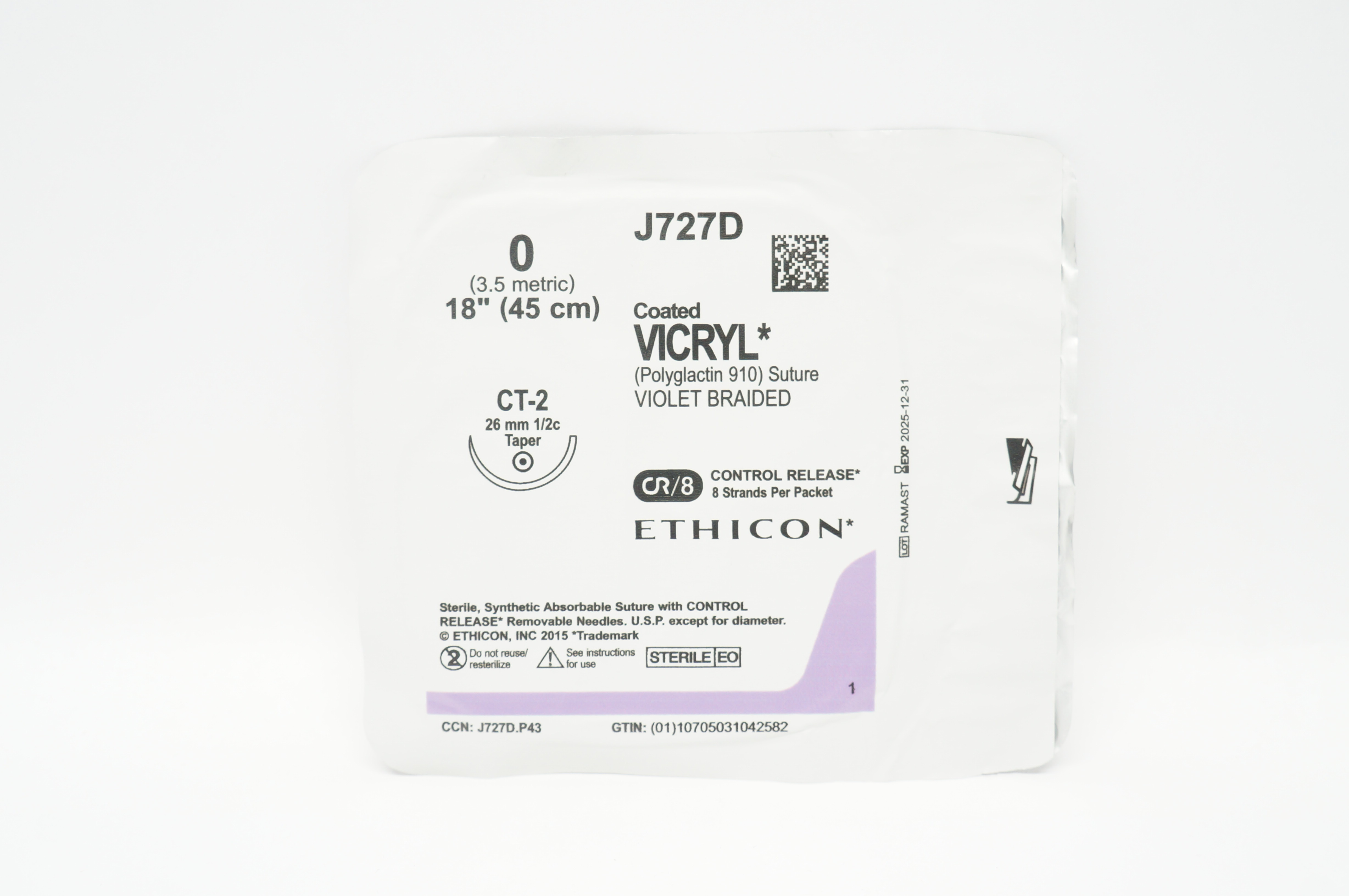 Ethicon J727D 0 Coated VICRYL Polyglactin Stre CT-2 26mm 1/2c Taper, 18inch