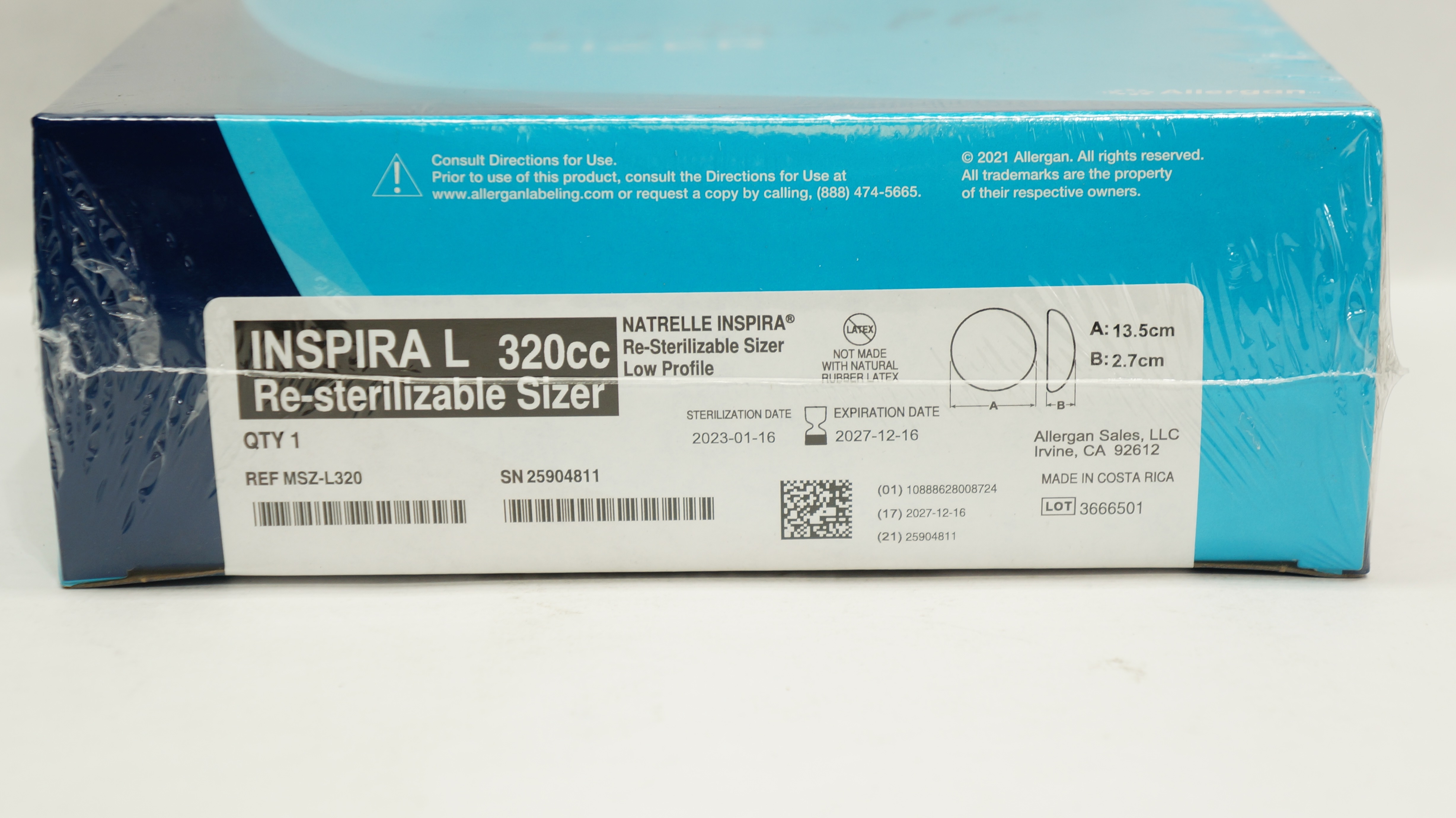 Allergan MSZ-L320 Natrelle Inspira Re-Sterilizable Sizer 13.5cm x 2.7cm
