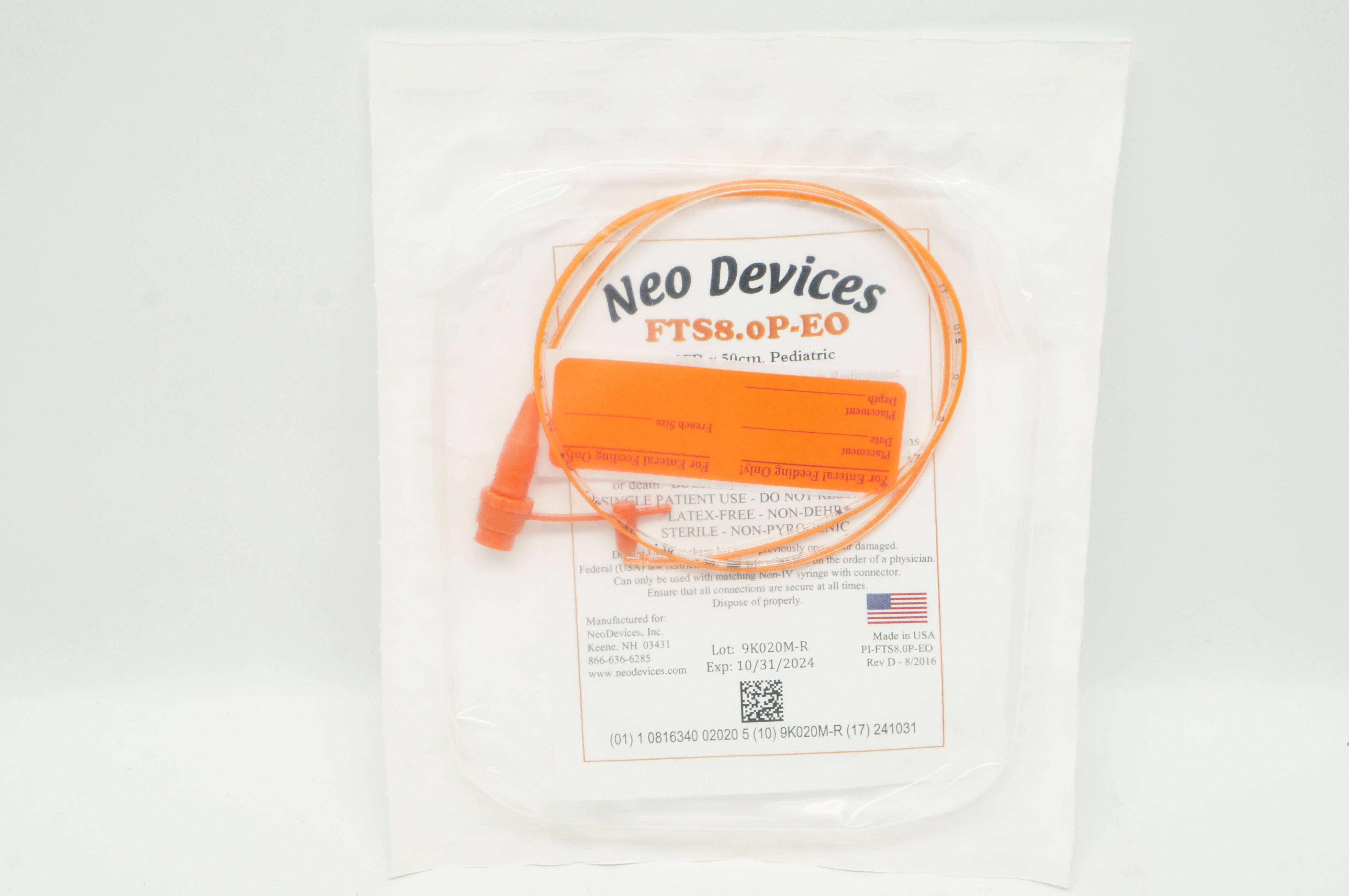 Neo Devices FTS8.0P-EO Orange Polyurethane Oral/Enteral Feeding Tubes