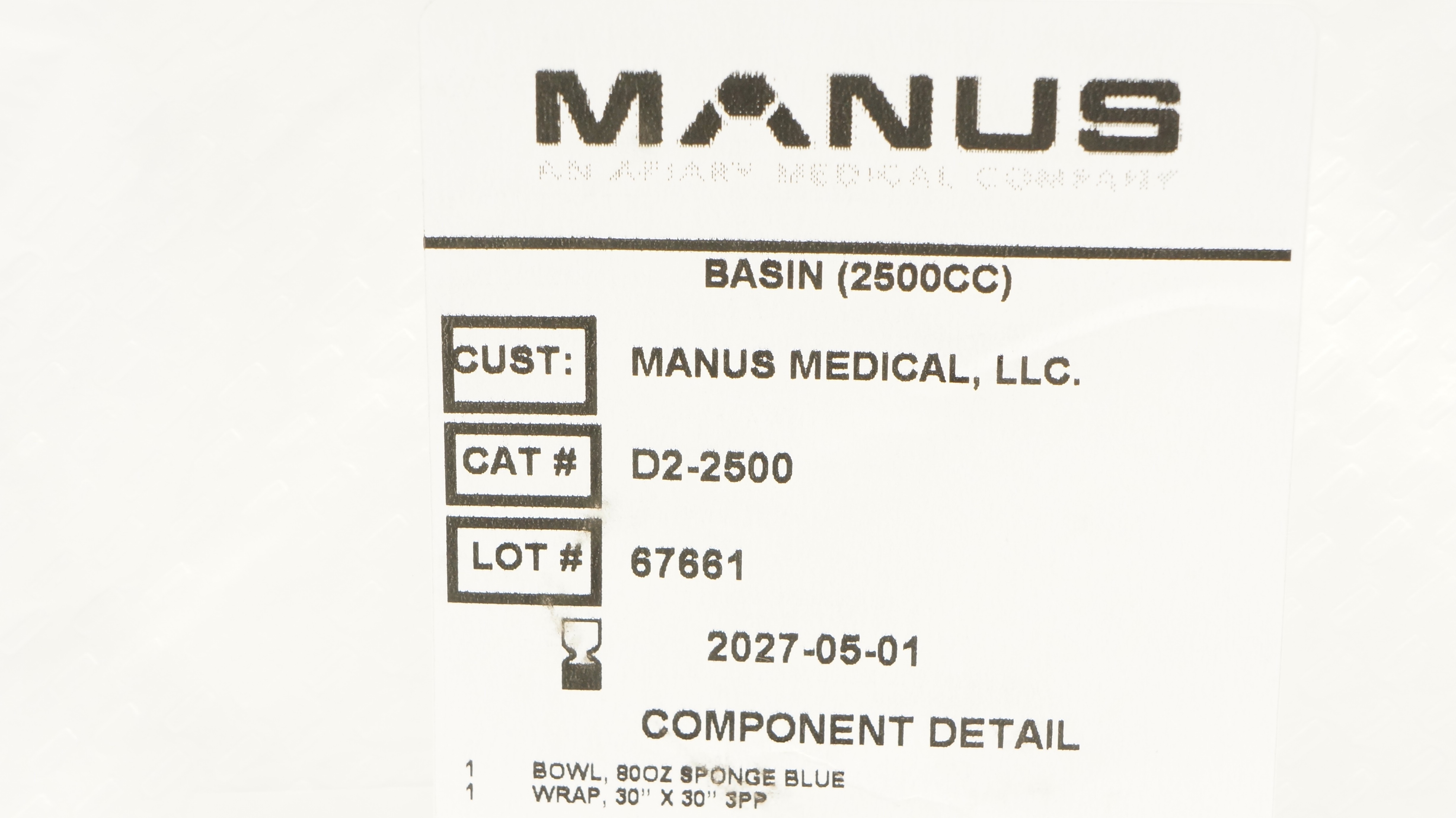 Manus Medical D2-2500 Basin 2500cc Bowl, 80oz. Sponge, Wrap 30inch x 30inch