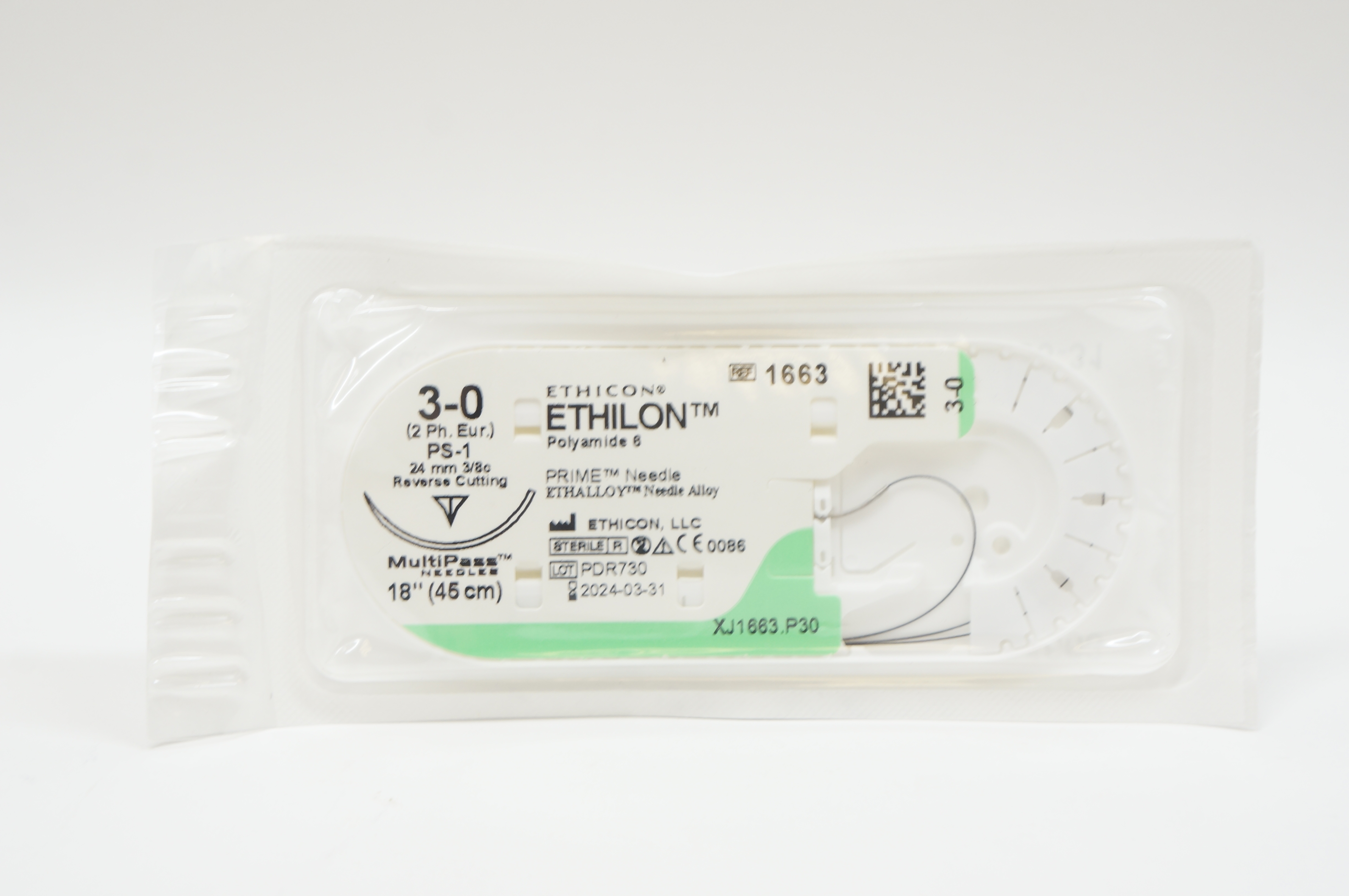 Ethicon 1663 3-0 ETHILON, PS-1, 24mm 3/8c Reverse Cutting, 18inch