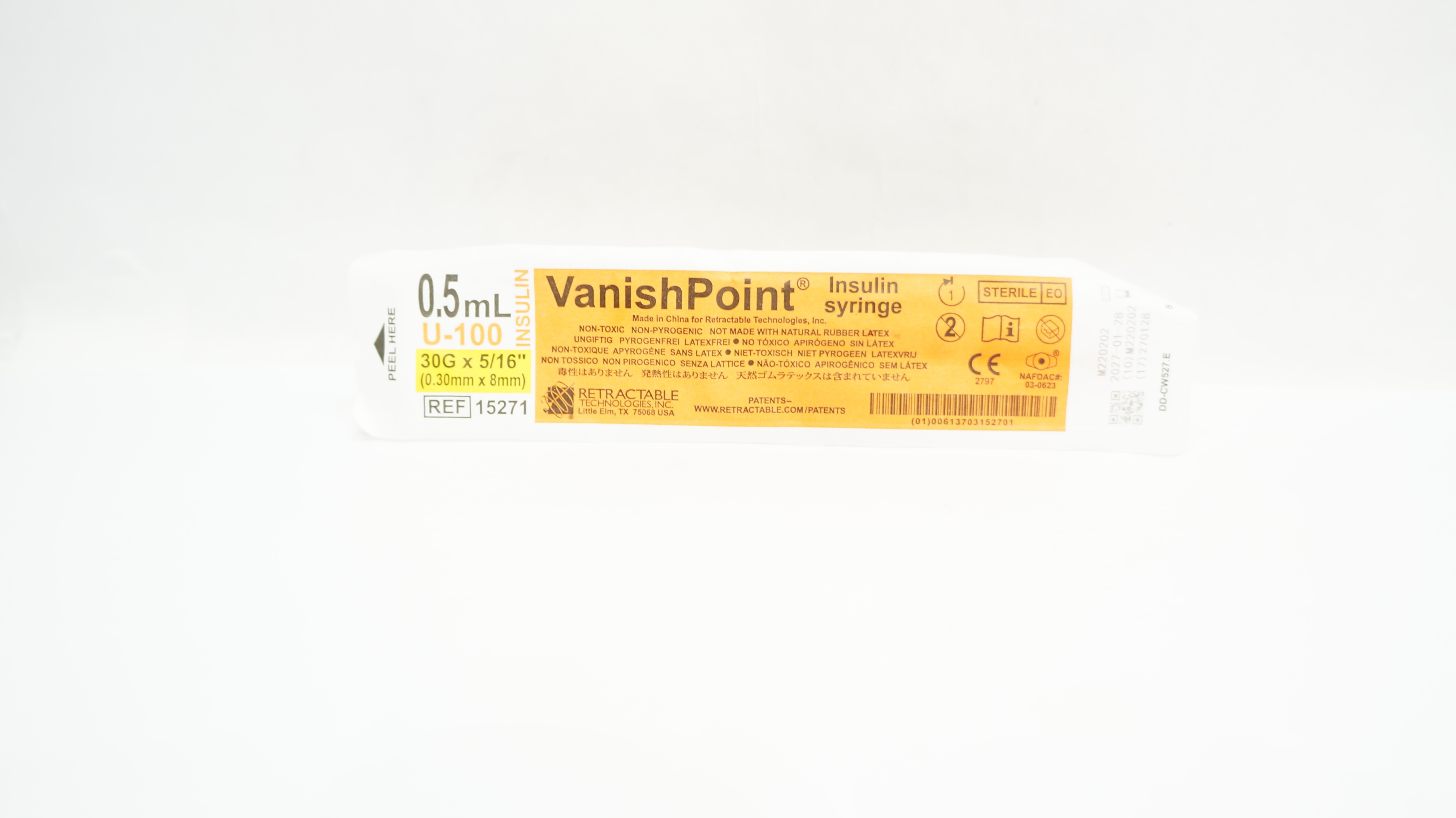 Retractable 15271 Vanish Point Insulin Syringe U-100 0.5ml 30G x 5/16inch