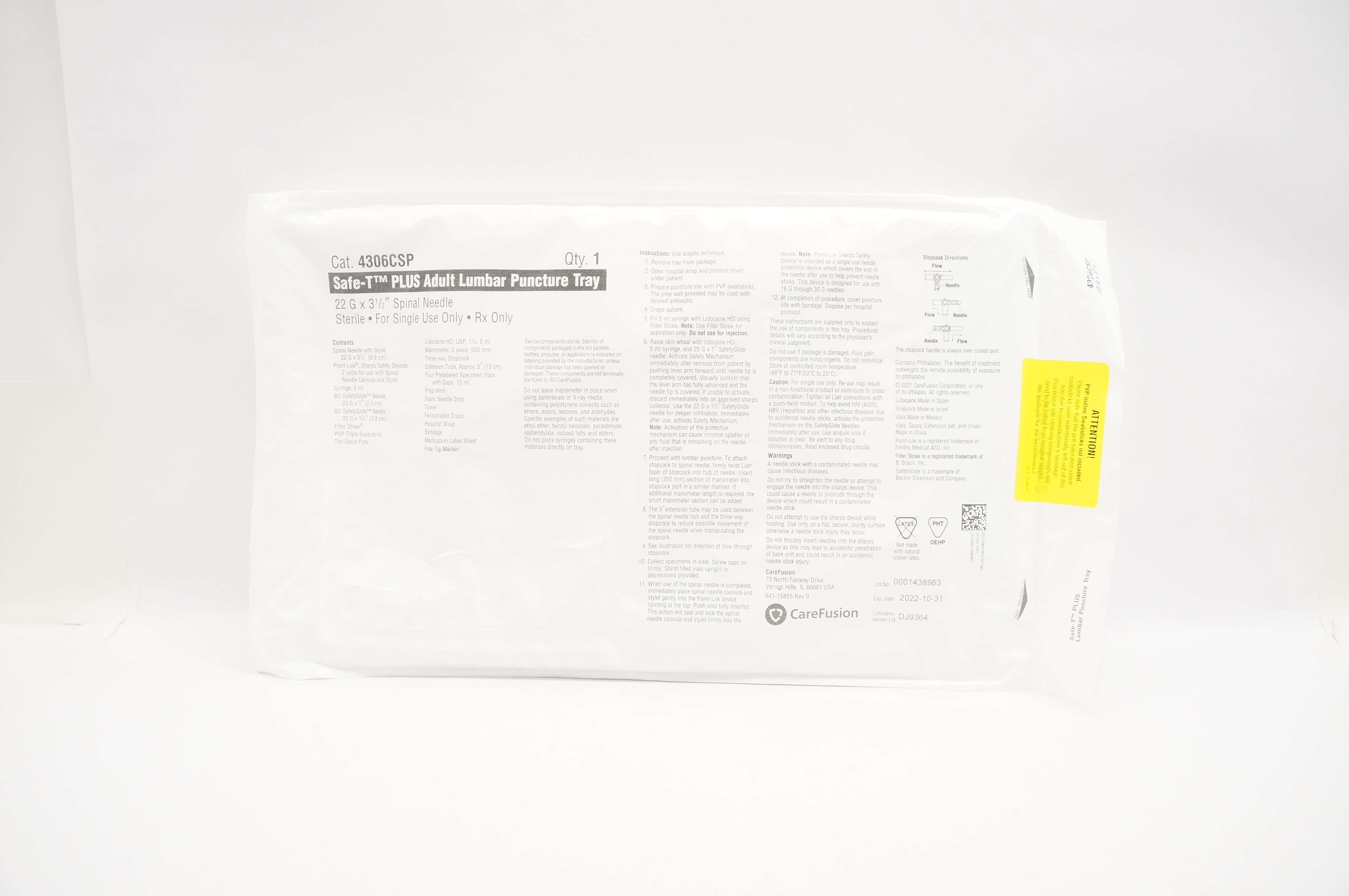 CareFusion 4306CSP Safe-T Plus Adult Lumbar Puncture Tray, Ndle 22G x 3-1/2 inch