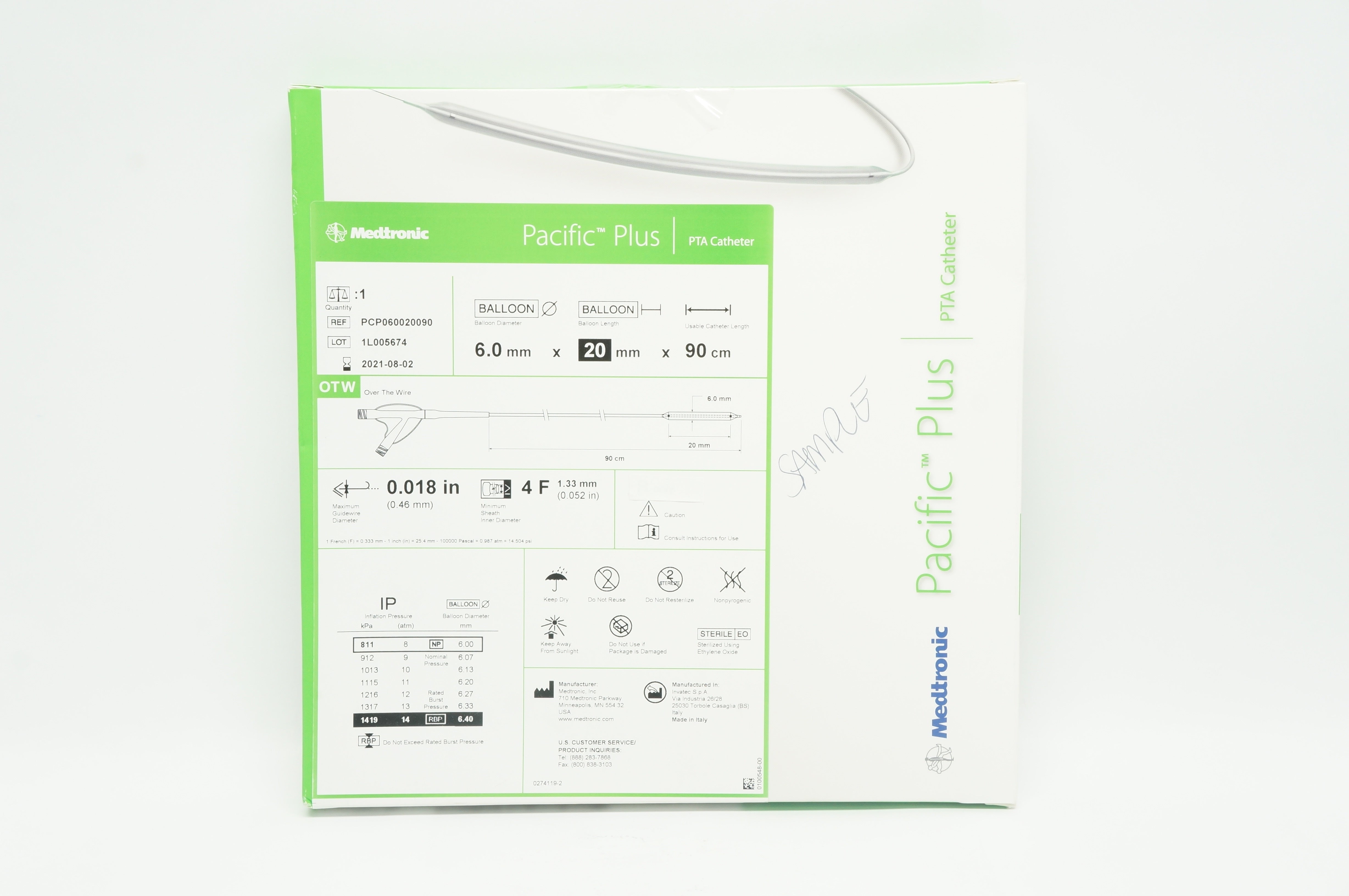 Medtronic PCP060020090 Pacific Plus PTA Cath. 6.0 mm x 20 mm x 90 cm