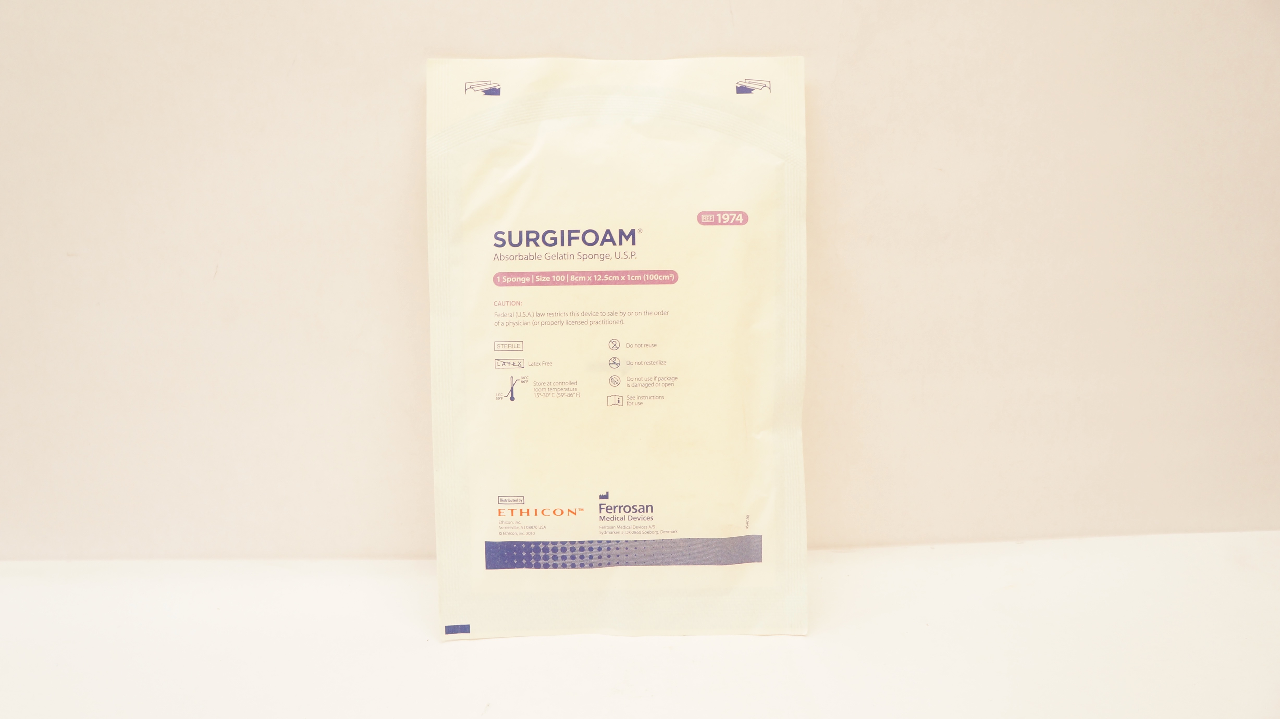Ethicon 1974 SURGIFOAM Absorbable Gelatin Sponge Size 100, 8cm x 12.5cm x 1cm(x)