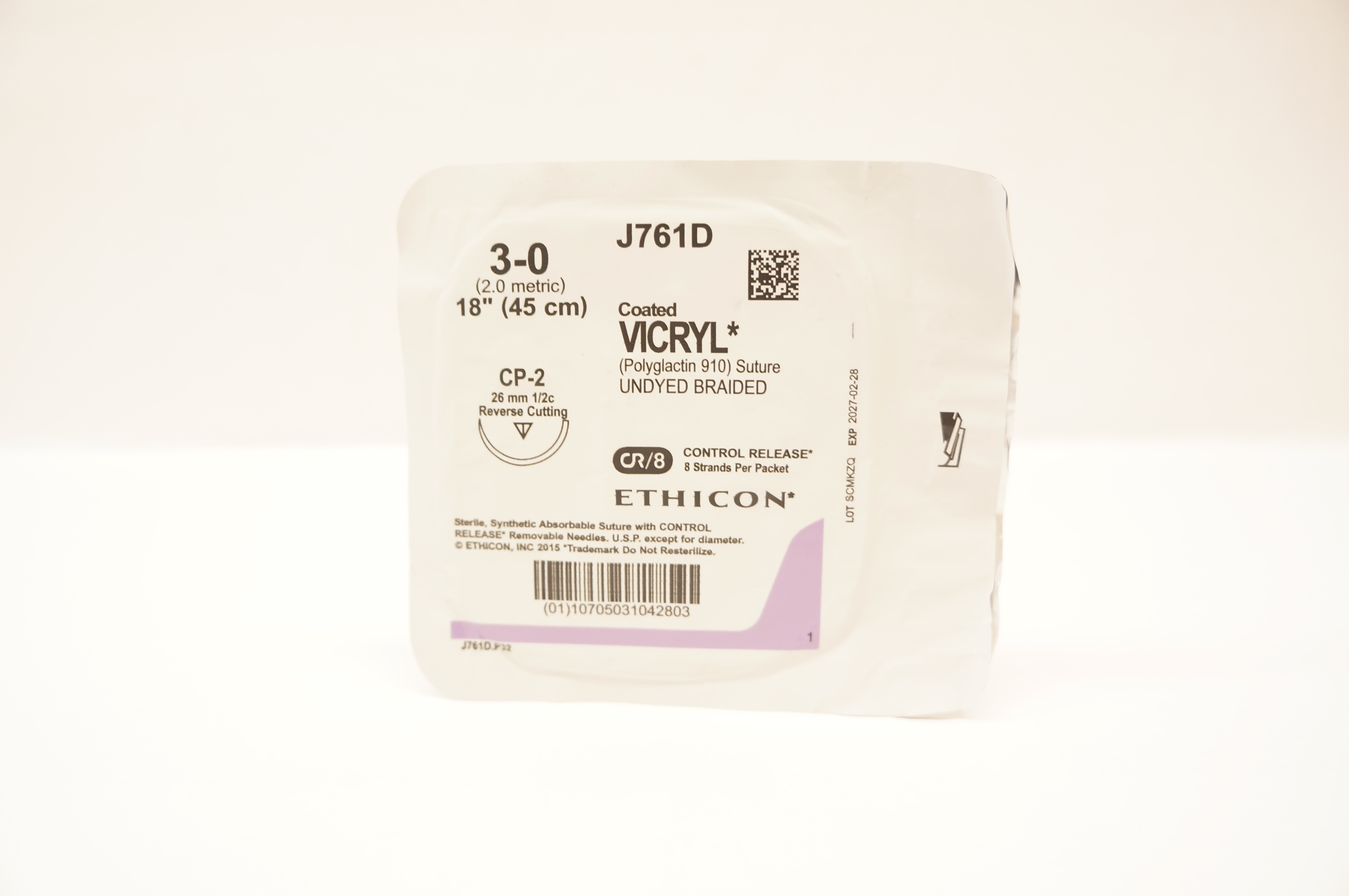 Ethicon J761D 3-0 Coated VICRYL, CP-2, 26mm 1/2c Reverse Cutting, 18inch