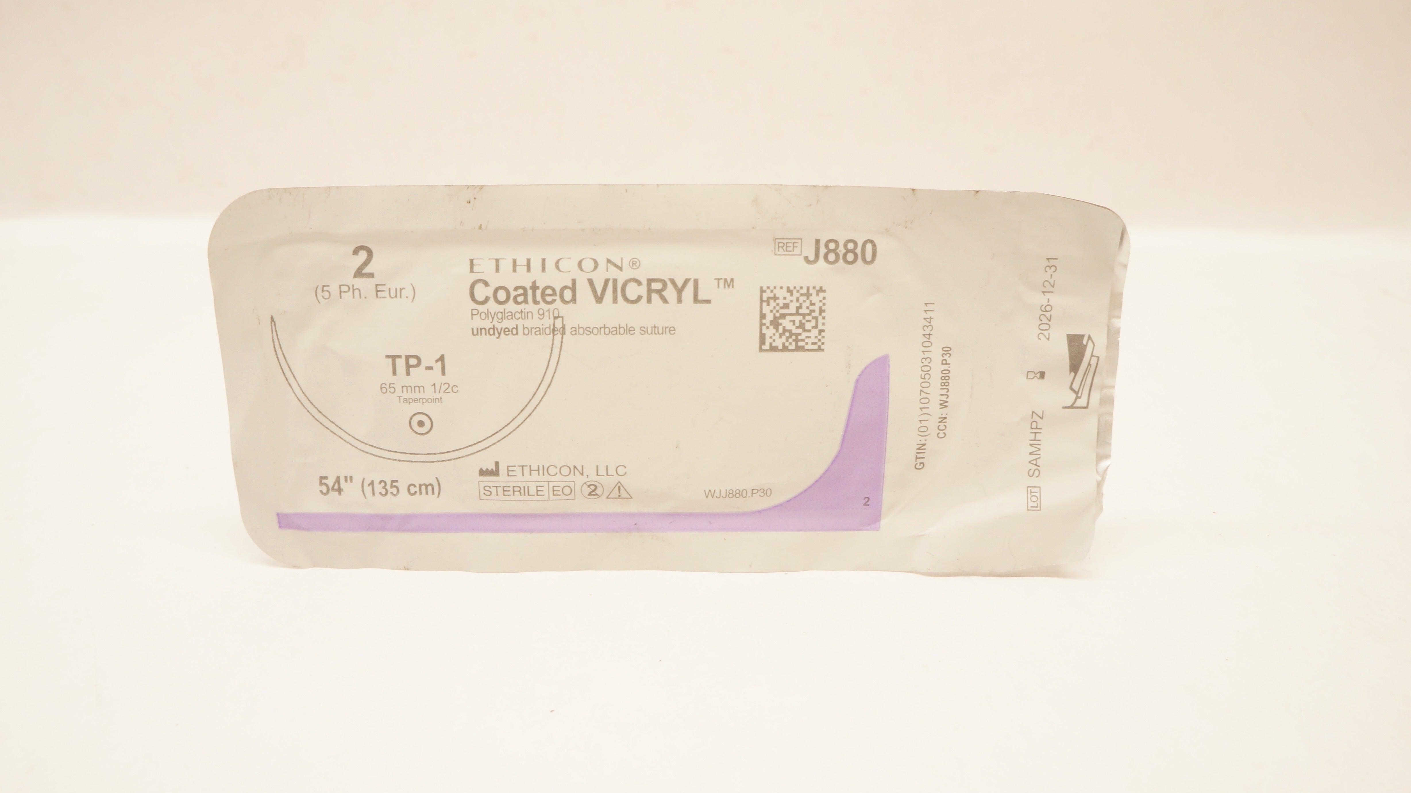 Ethicon J880 Coated Vicryl Undyed Braided Stre TP-1 65mm 1/2c Taperpoint 54inch