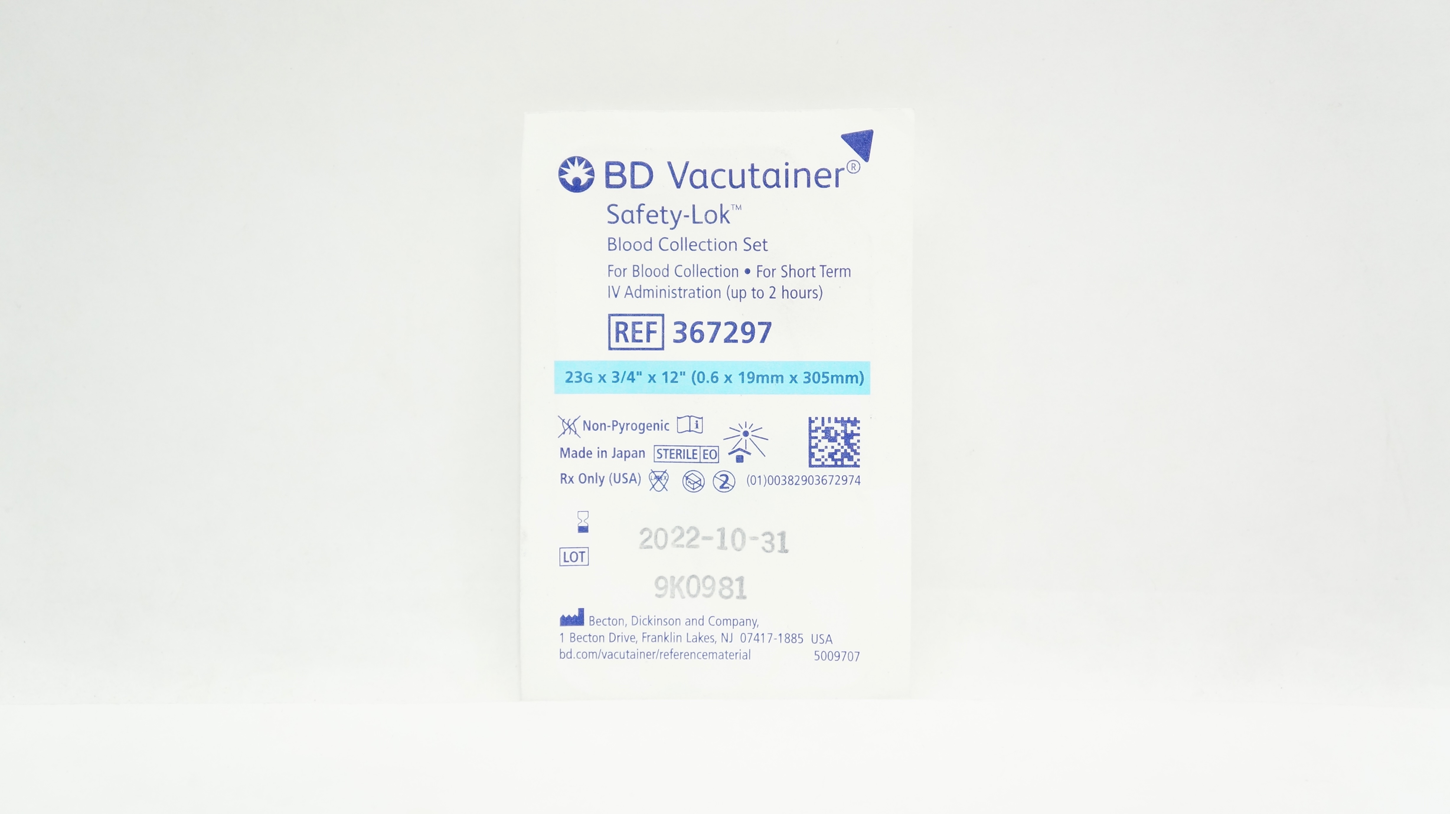 BD 367297 Vacutainer Safety-Lok Blood Collection Set 23G x 3/4inch x 12inch (x)