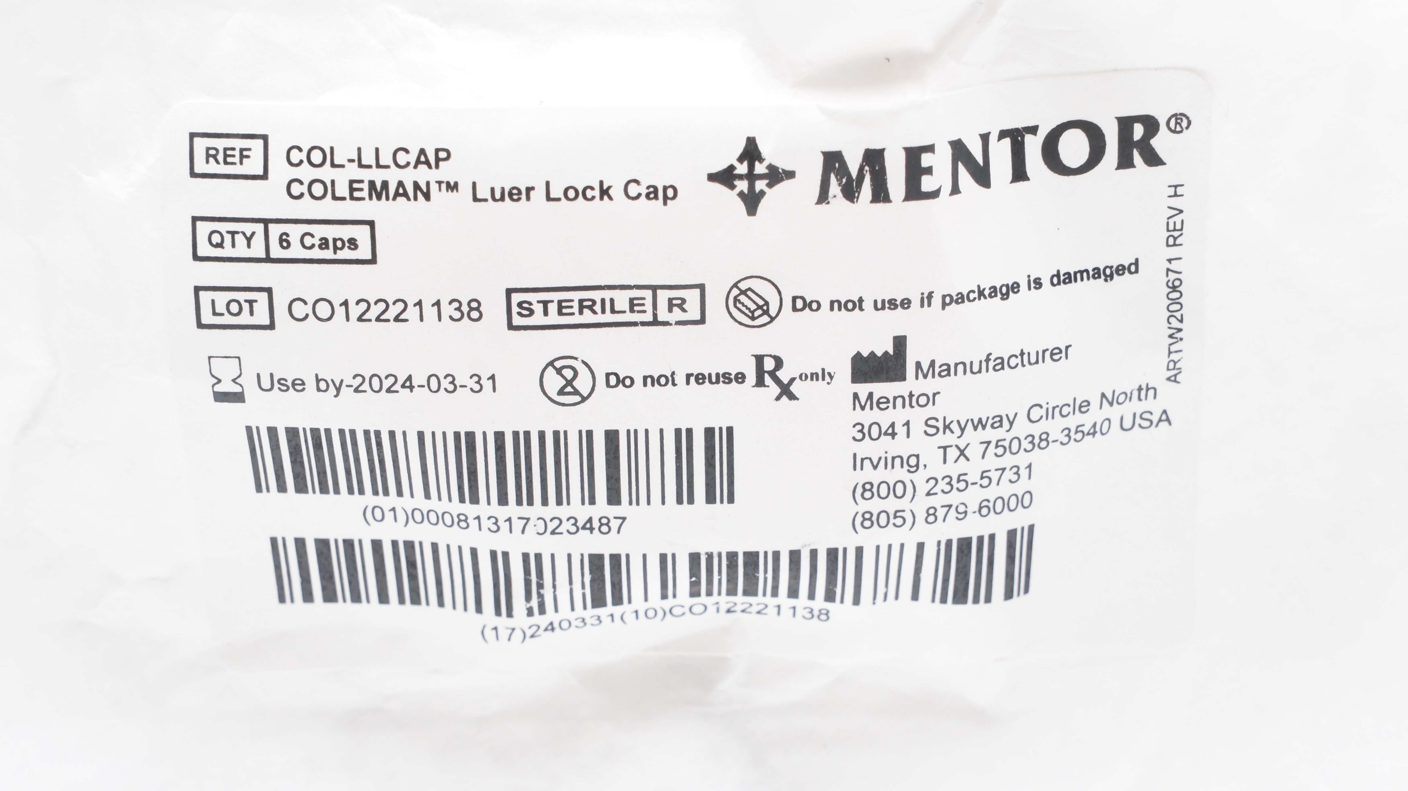 Mentor COL-LLCAP Coleman Luer Lock Cap (x) - Pack of 6