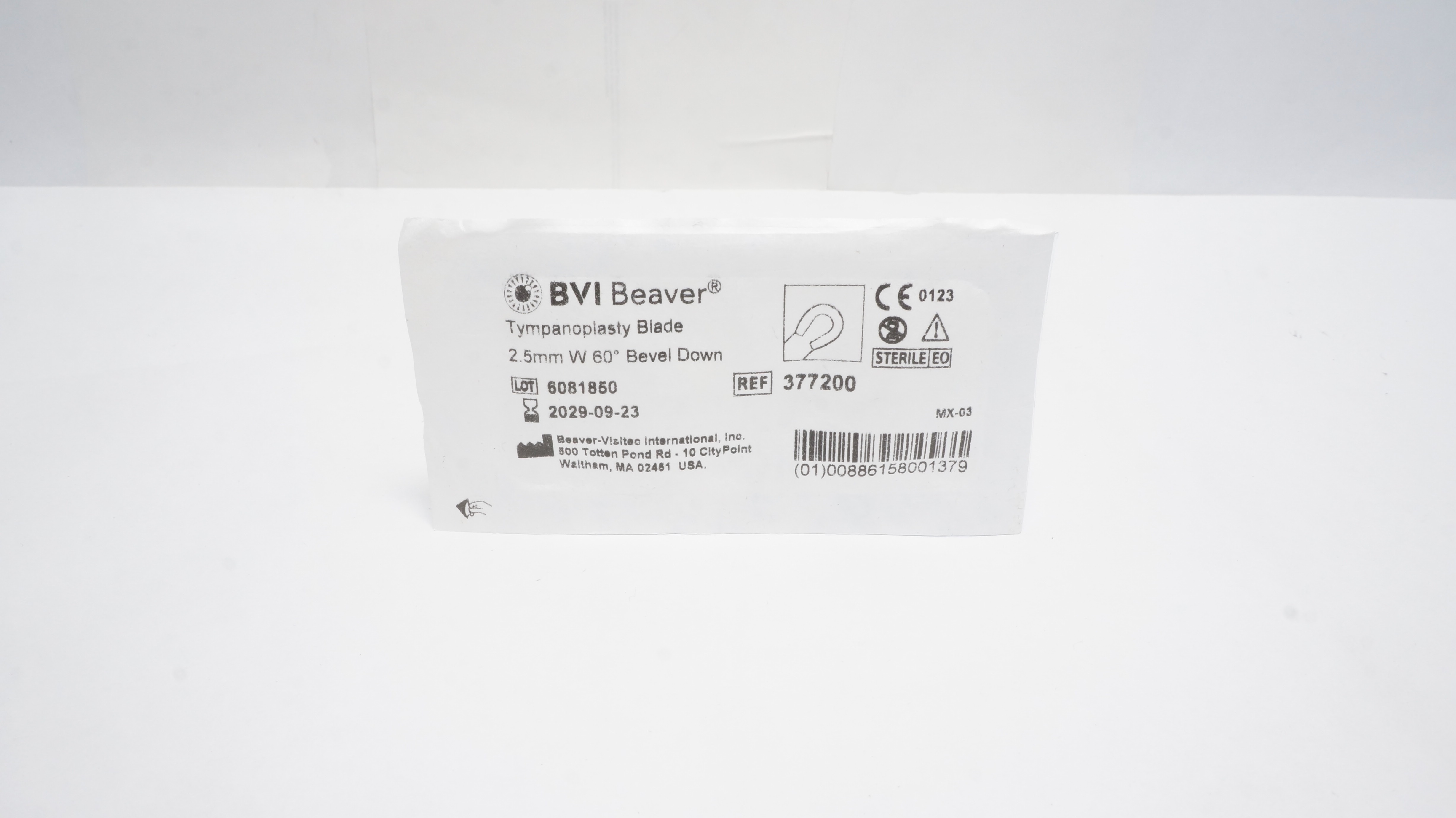 BVI Beaver Visitec 377200 Tympanoplasty Blade 2.5mm W 60° Bevel Down