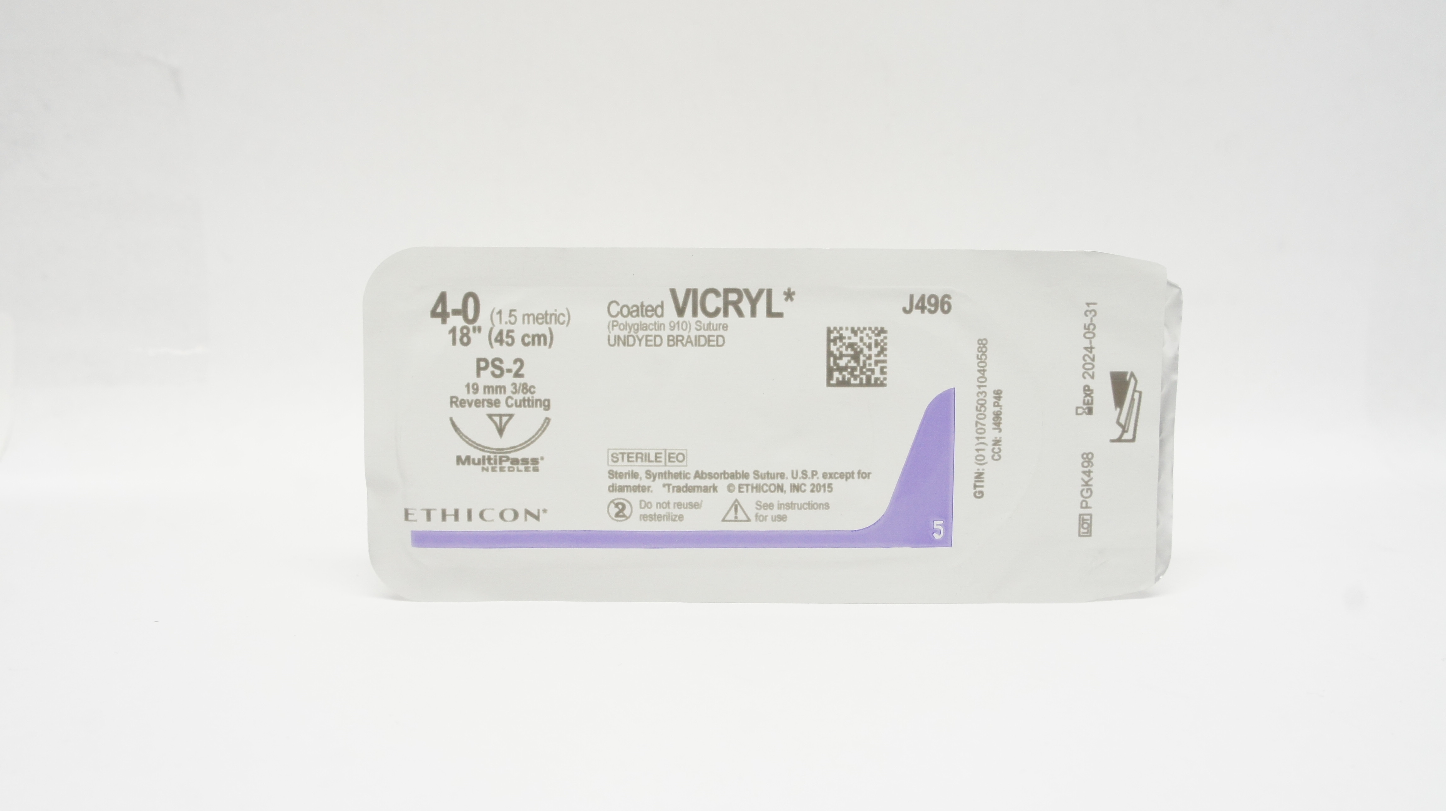 Ethicon J496 4-0 Coated VICRYL Stre PS-2 19mm 3/8c Reverse Cutting 18inch
