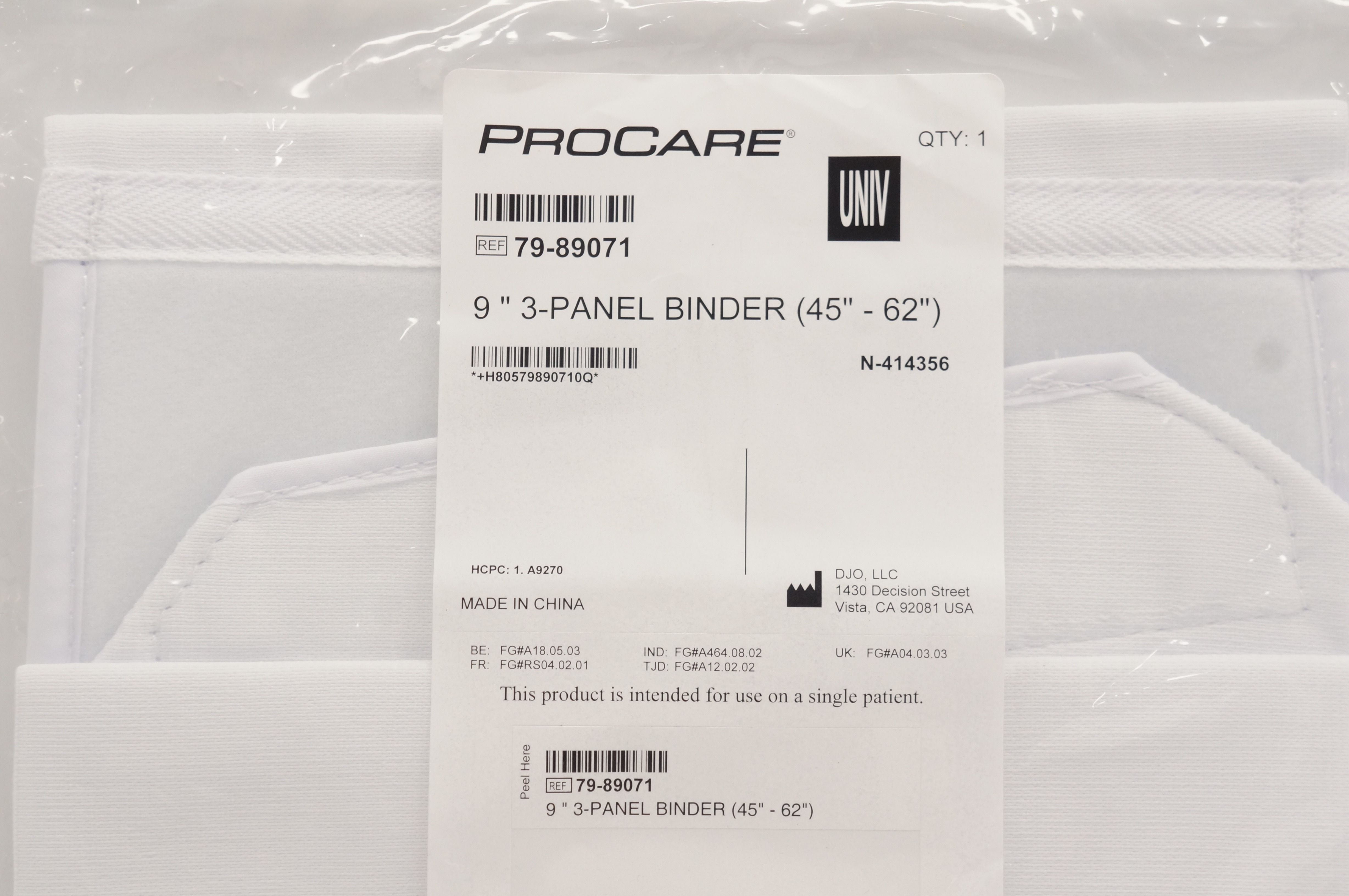 DJO 79-89071 Procare 9 inch 3-Panel Binder 45 inch-65 inch