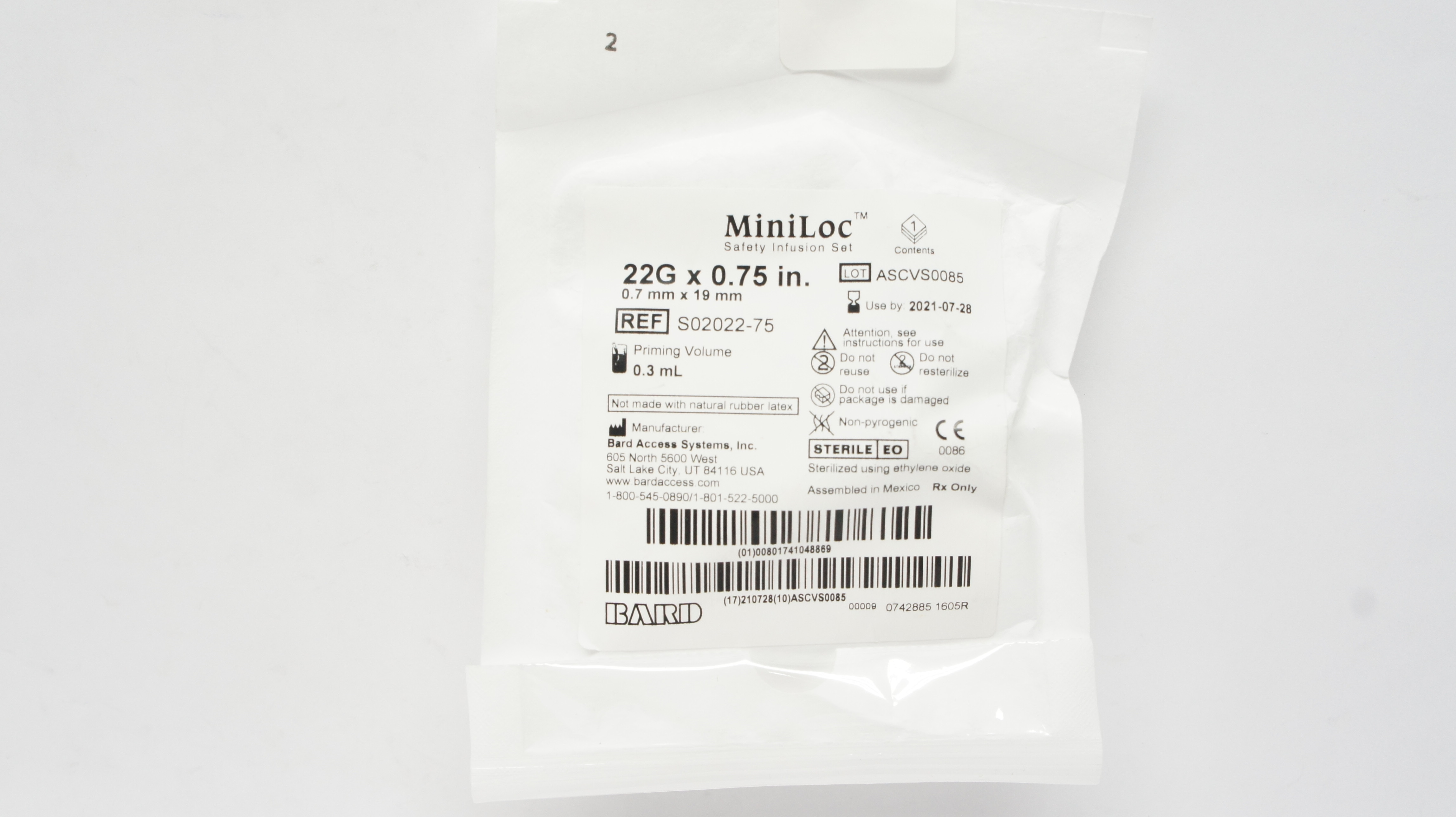 Bard S02022-75 MiniLoc Safety Infusion Set 22G x 0.75inch, 0.3mL (x)