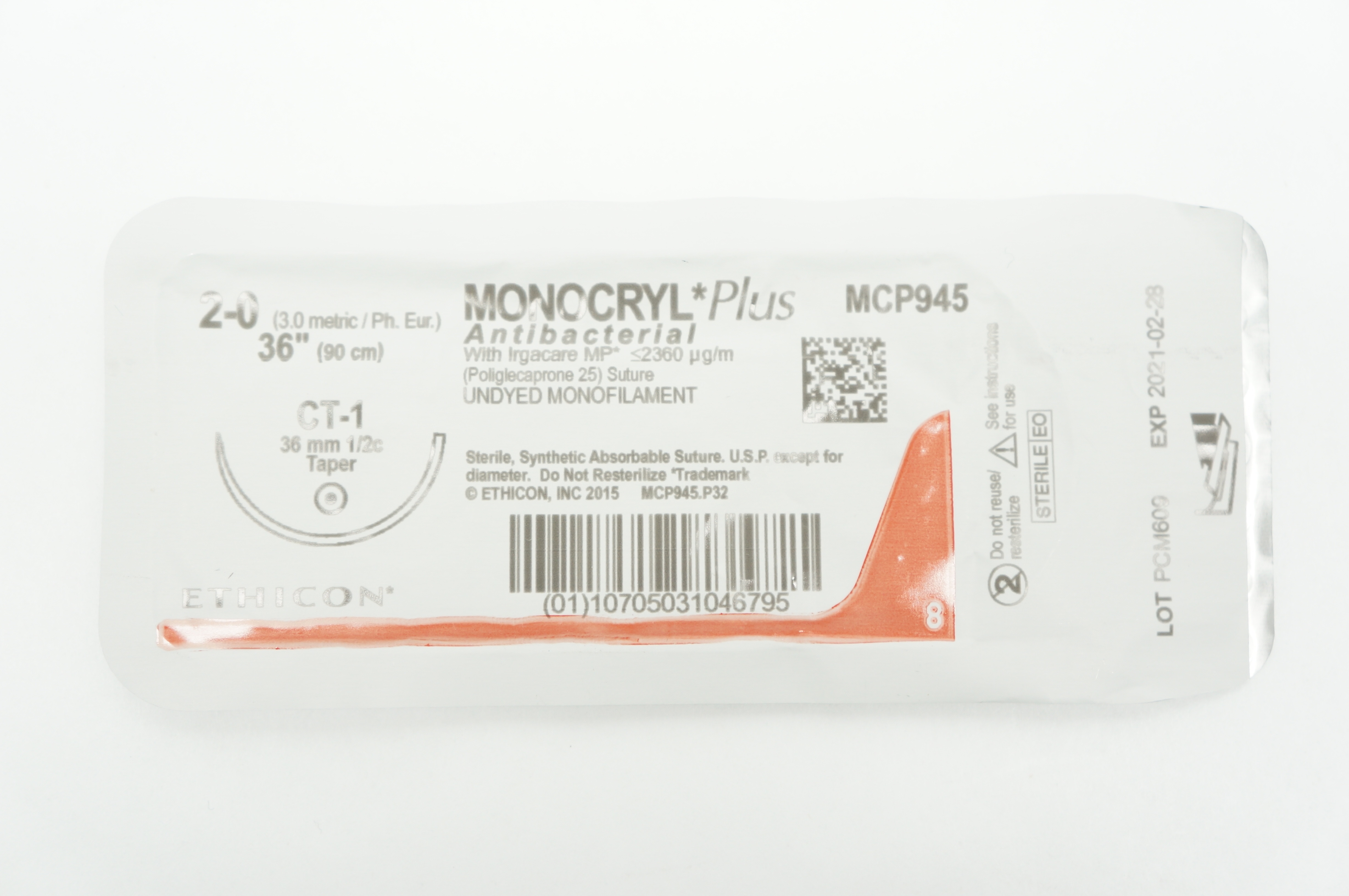 Ethicon MCP945 2-0 MONOCRYL Plus, CT-1, 36mm 1/2c Taper, 36inch (x)