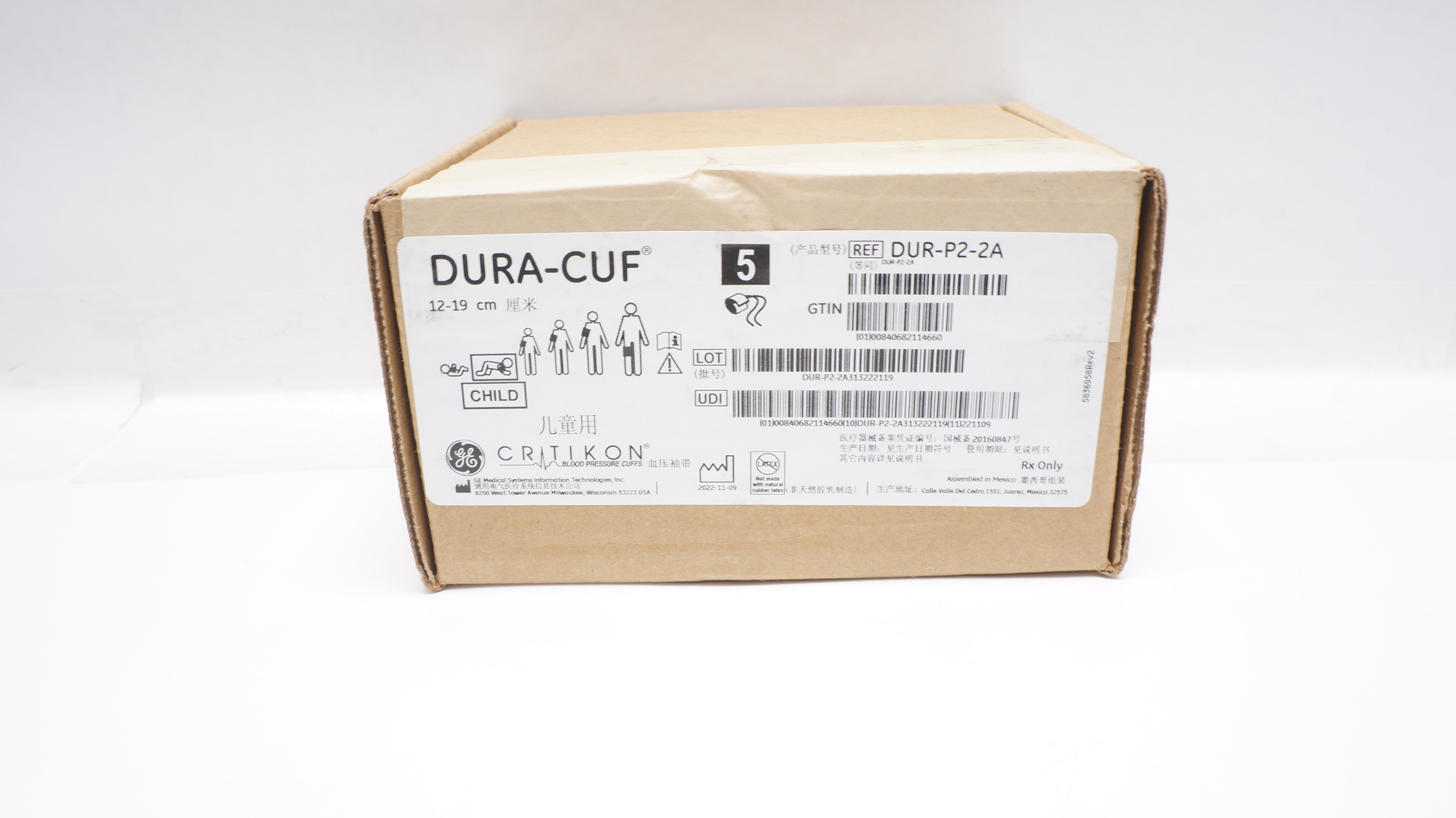 GE DUR-P2-2A Dura-Cuf Critikon Blood Pressure Cuff Child 12-19cm - Box of 5