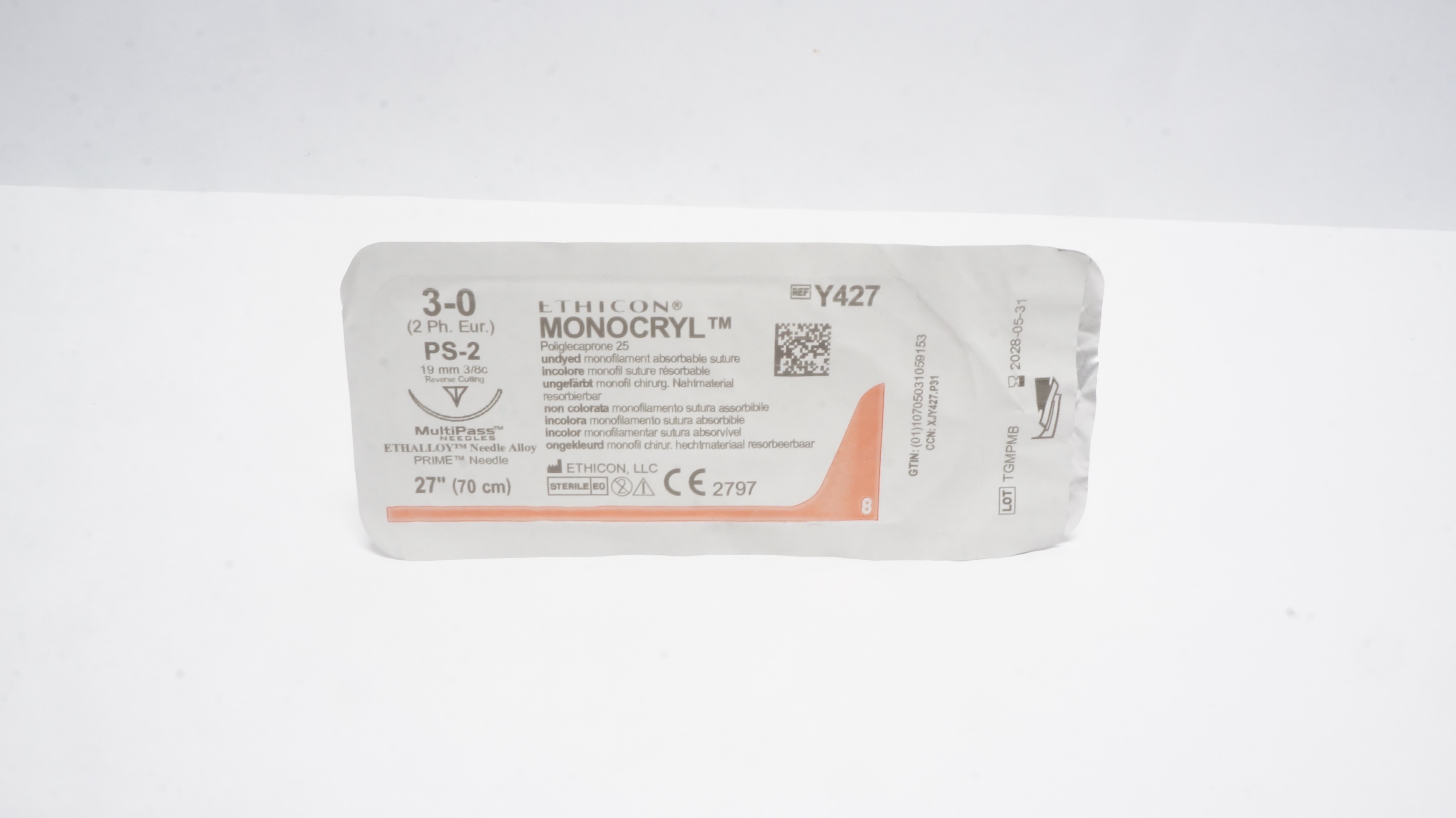 Ethicon Y427 3-0 MONOCRYL Undyed, PS-2, 19mm 3/8c Reverse Cutting, 27inch