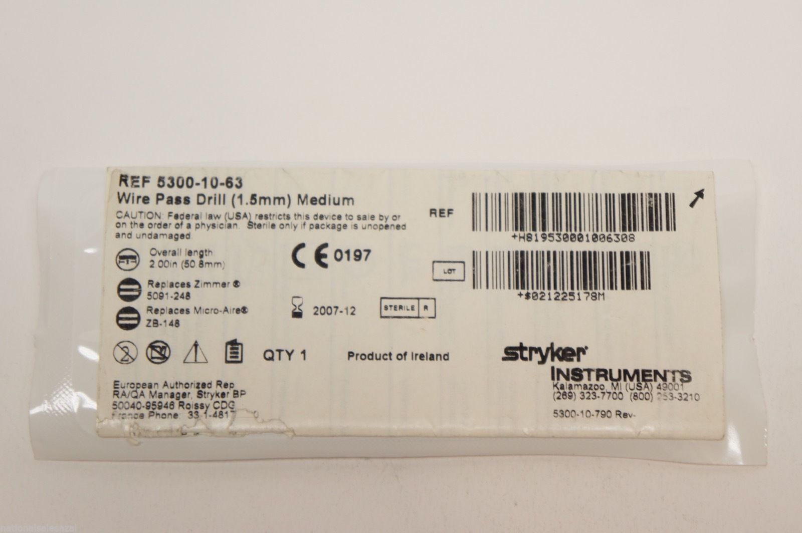 5300-10-63 ~ Stryker Wire Pass Drill 1.5mm Medium (x)