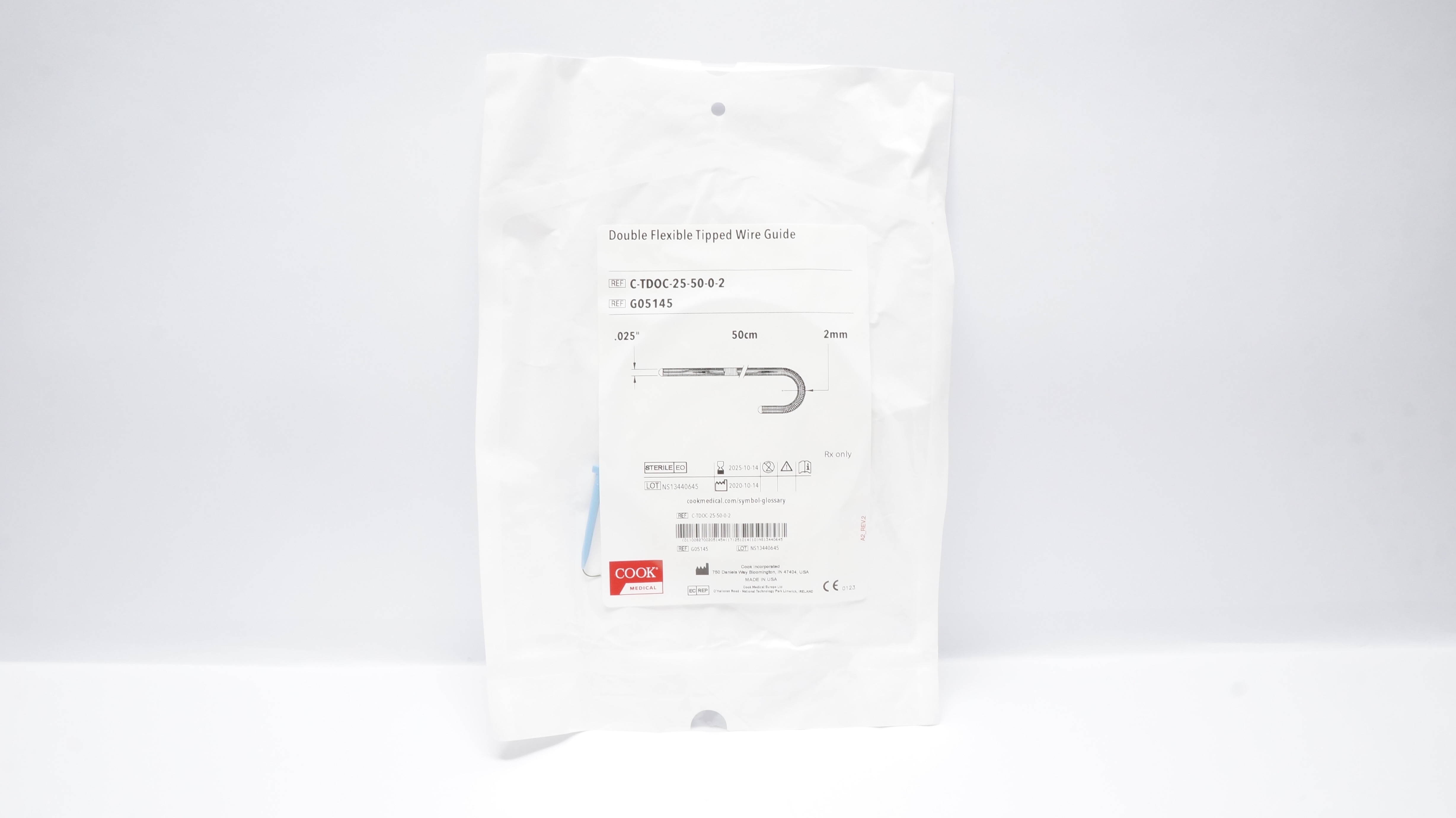 Cook Medical G05145 Double Flexible Tipped Wire Guide .025inch x 50cm x 2mm