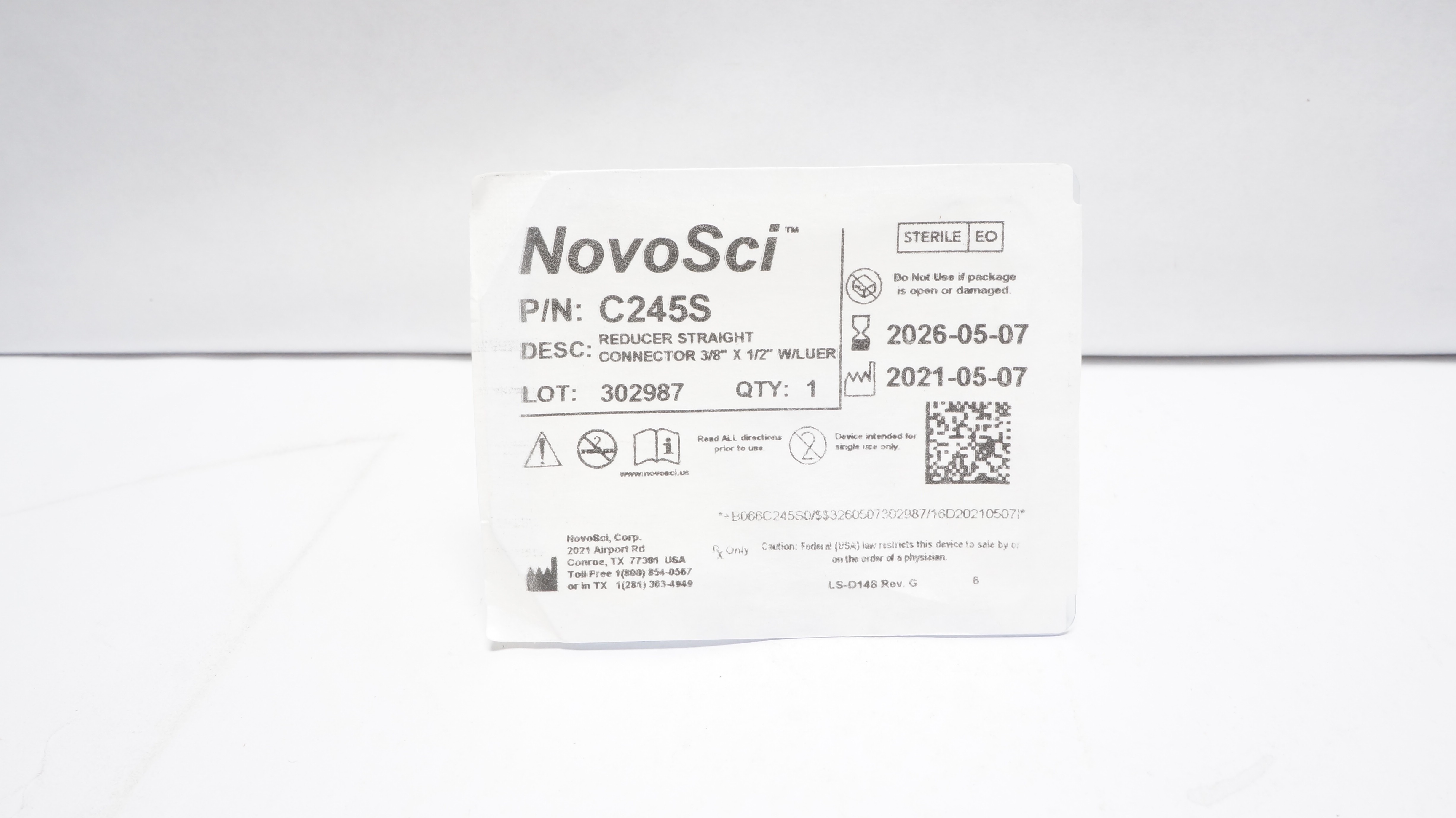 NovoSci C245S Reducer Straiight Connector W/Luer 3/8 inch x 1/2 inch