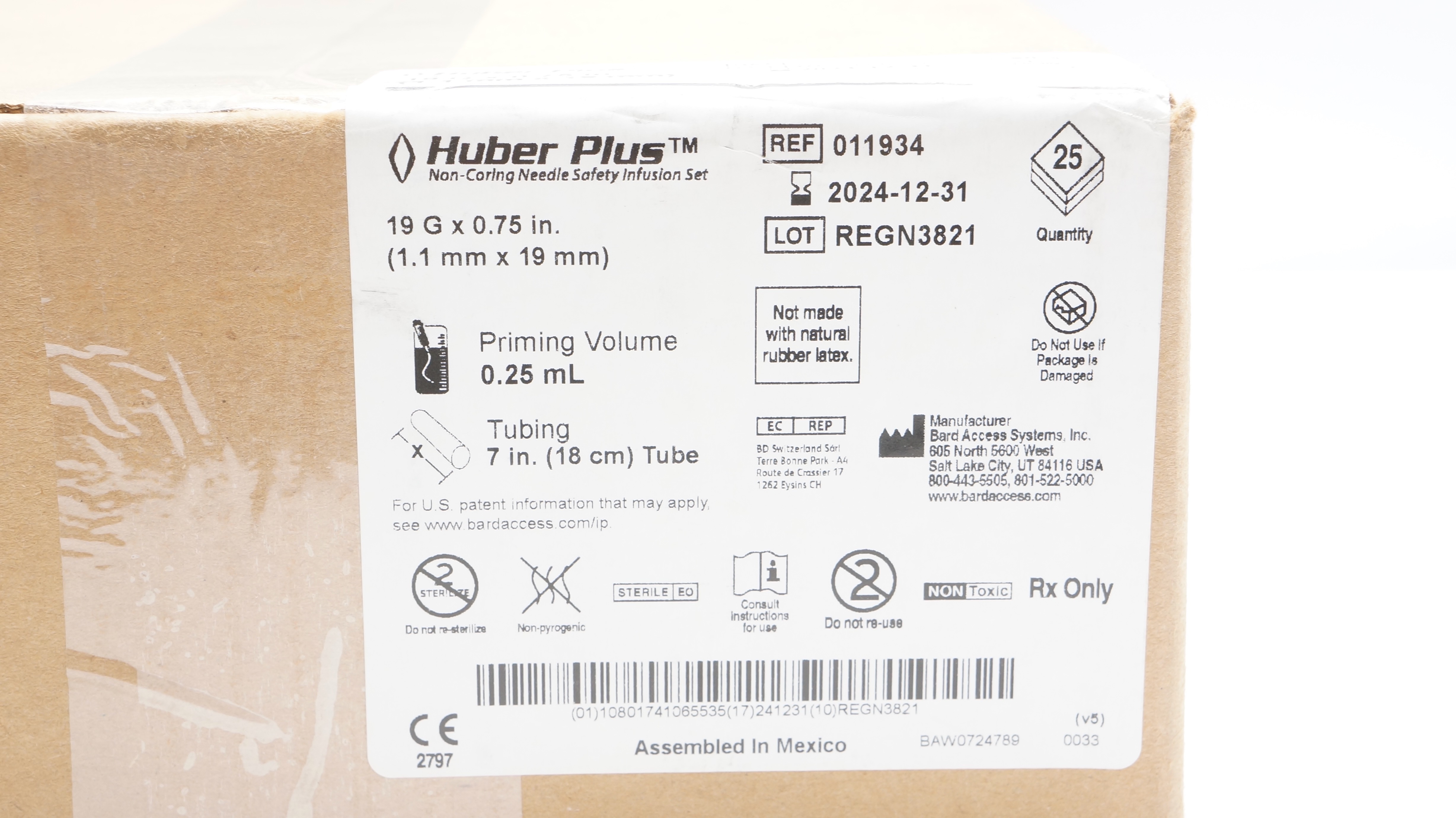 Bard 011934 Huber Plus Ndle Safety Infusion Set 19G x 0.75inch - Box of 25