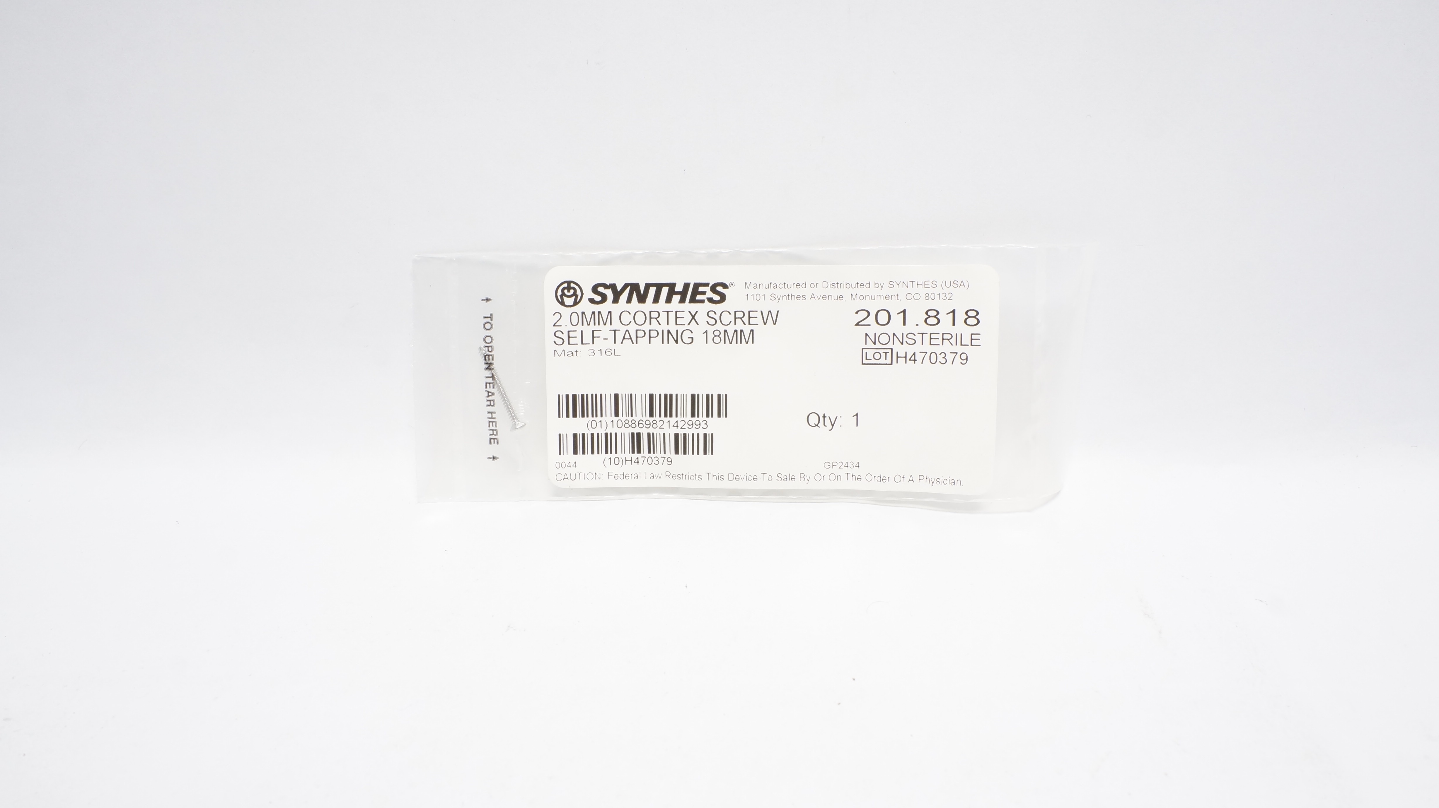 Synthes 201.818 2.0mm Cortex Screw Self-Tapping 18mm,316L Nonsterile