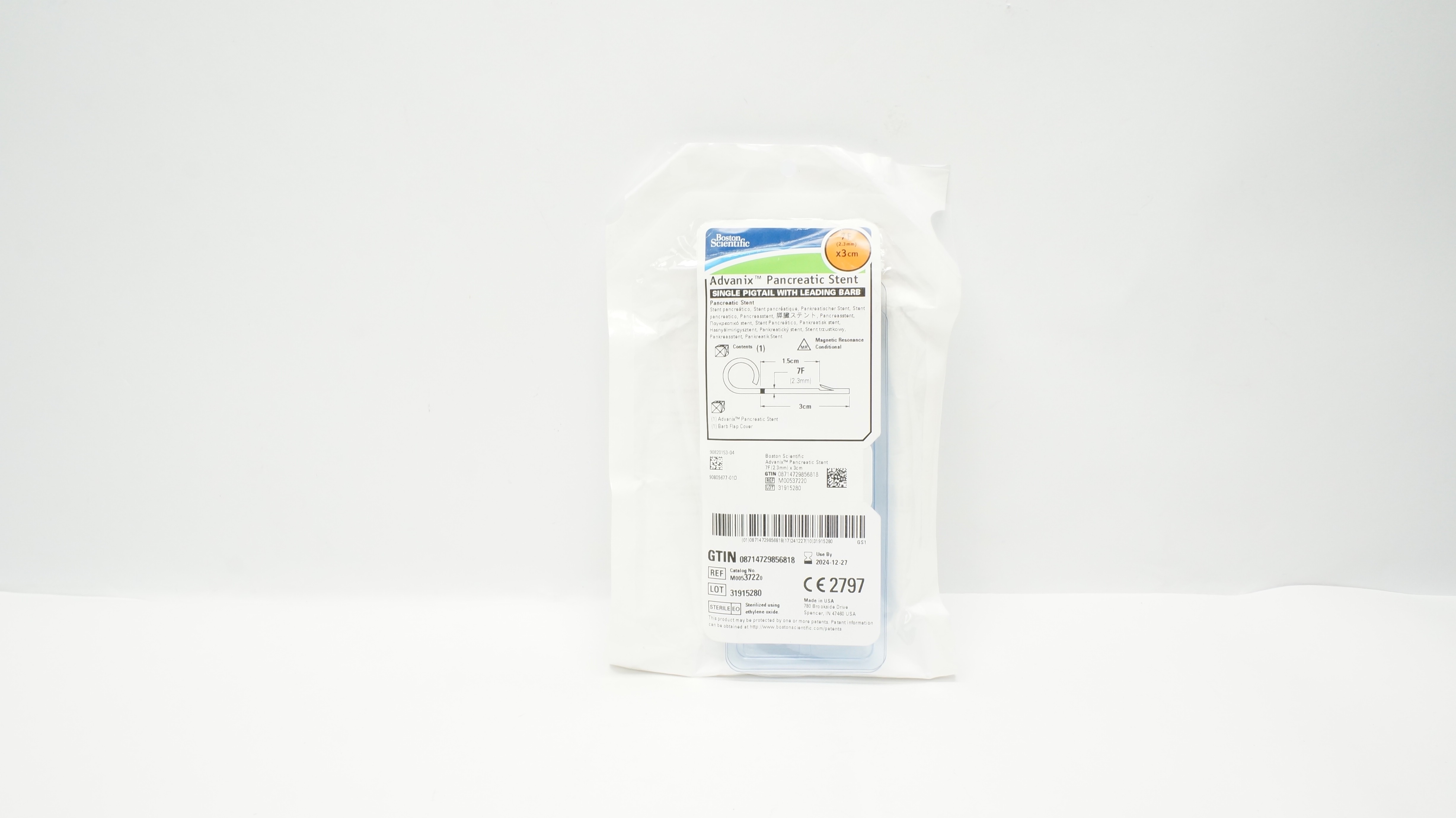 Boston Scientific M00537220 Advanix Single Pigtail Pancreatic Stnt 7F x 3cm