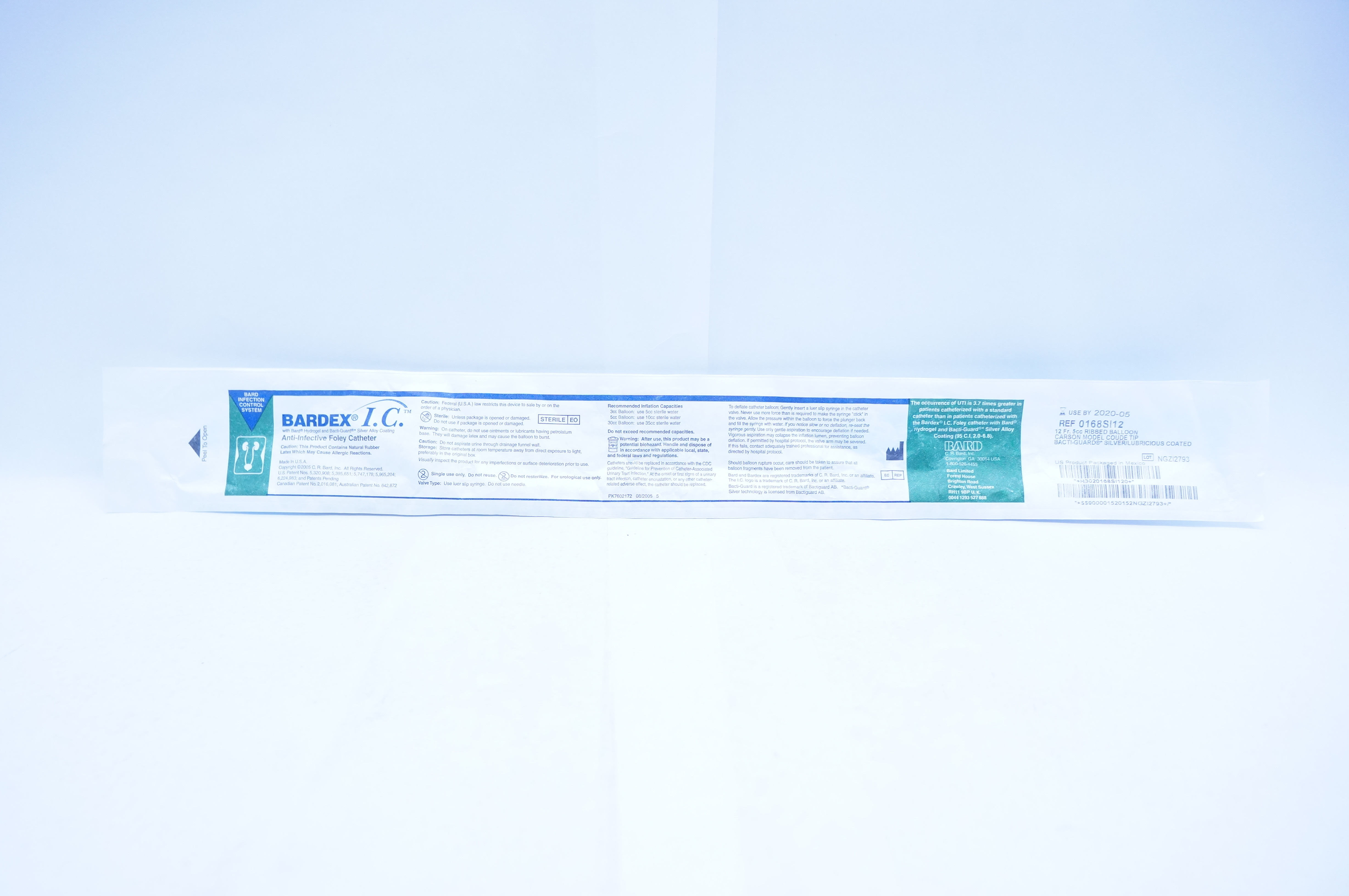 Bard 0168SI12 Bardex I.C. Anti-Infective Foley Cath.12 Fr 5cc Ribbed Balloon (x)