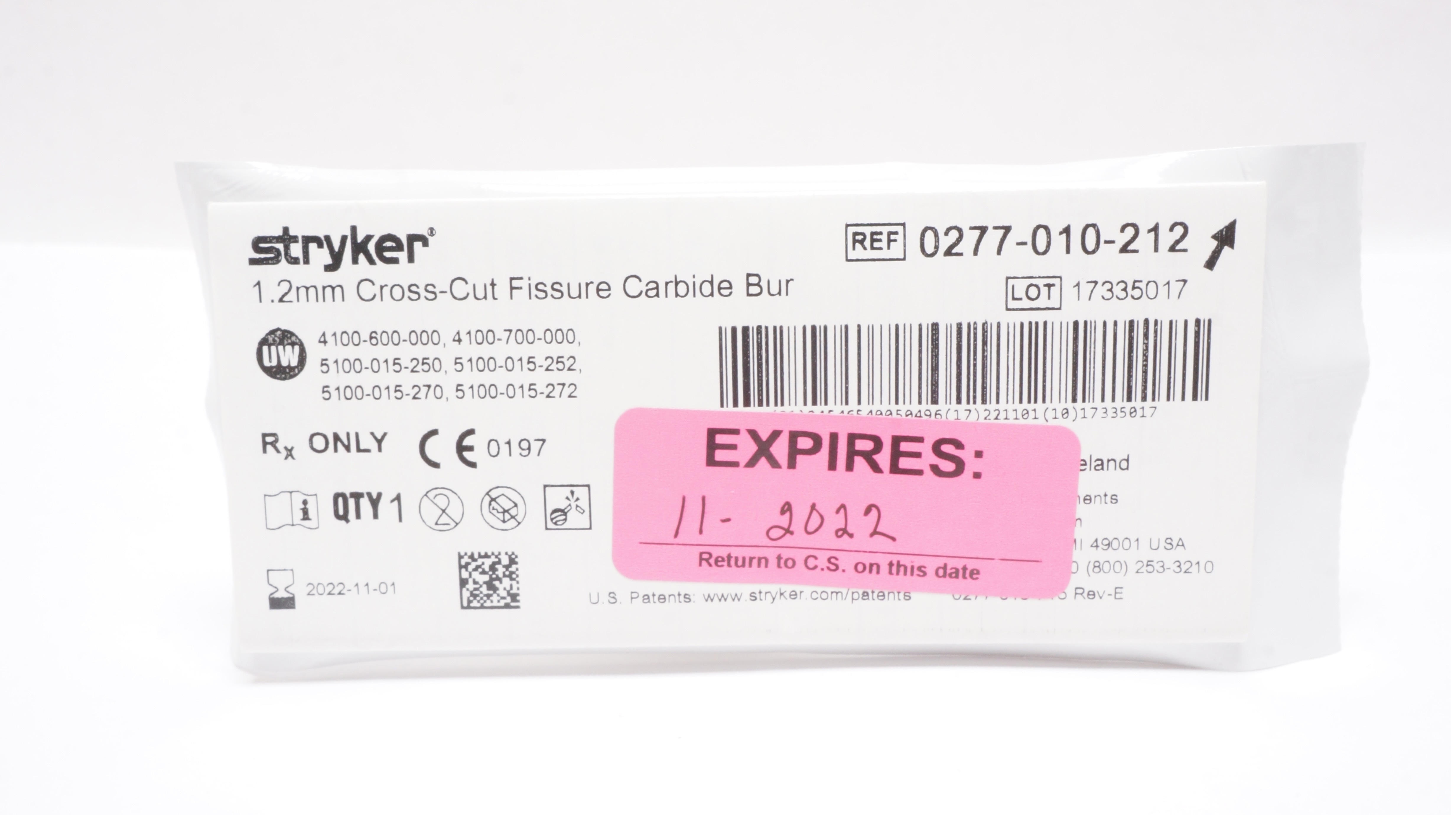 Stryker 0277-010-212 Cross-Cut Fissure Carbide Bur 1.2mm (x)