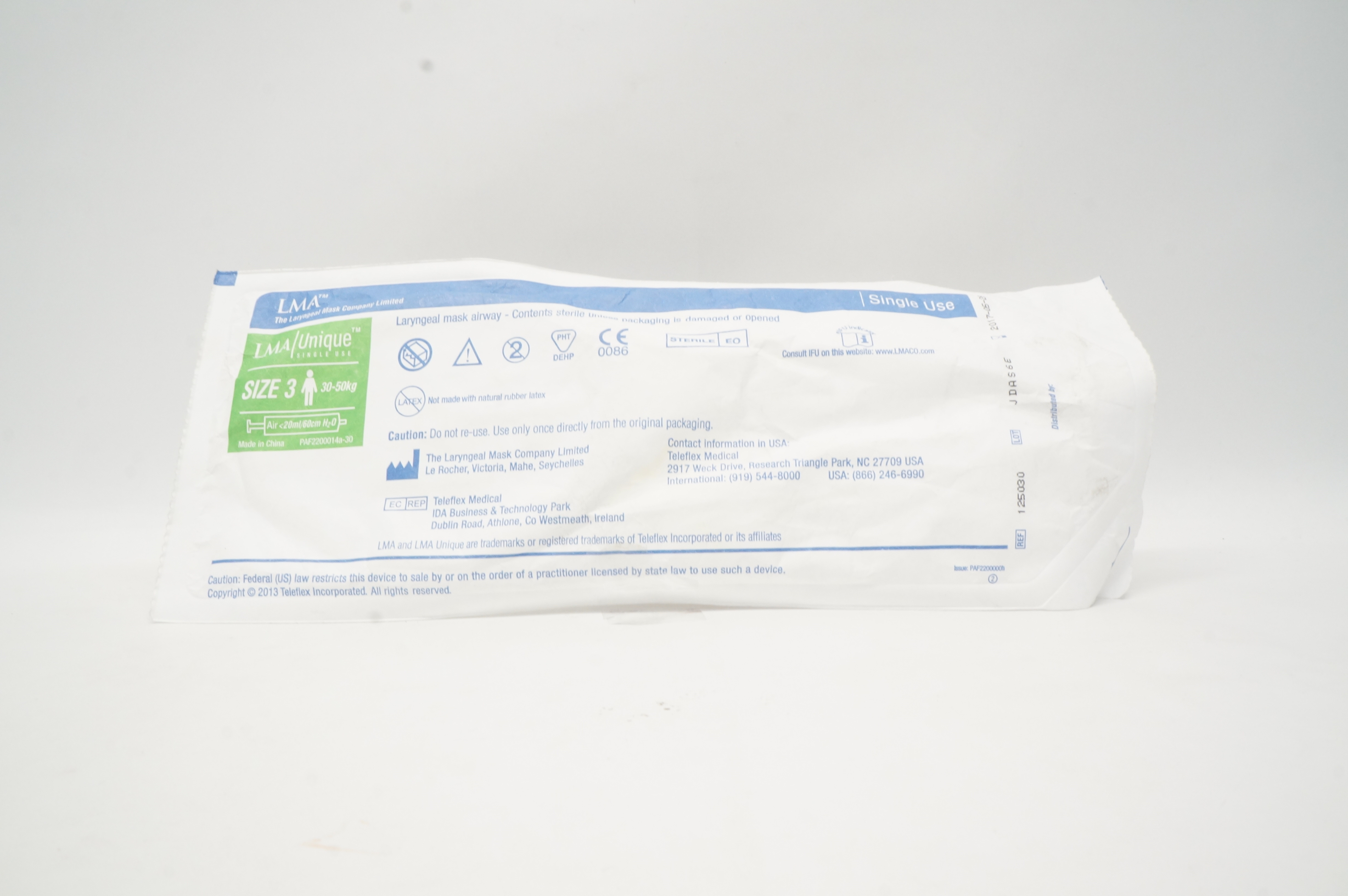 Teleflex 125030 LMA Unique, Laryngeal Mask Airway, Size 3 30-50kg <20ml/60cm (x)