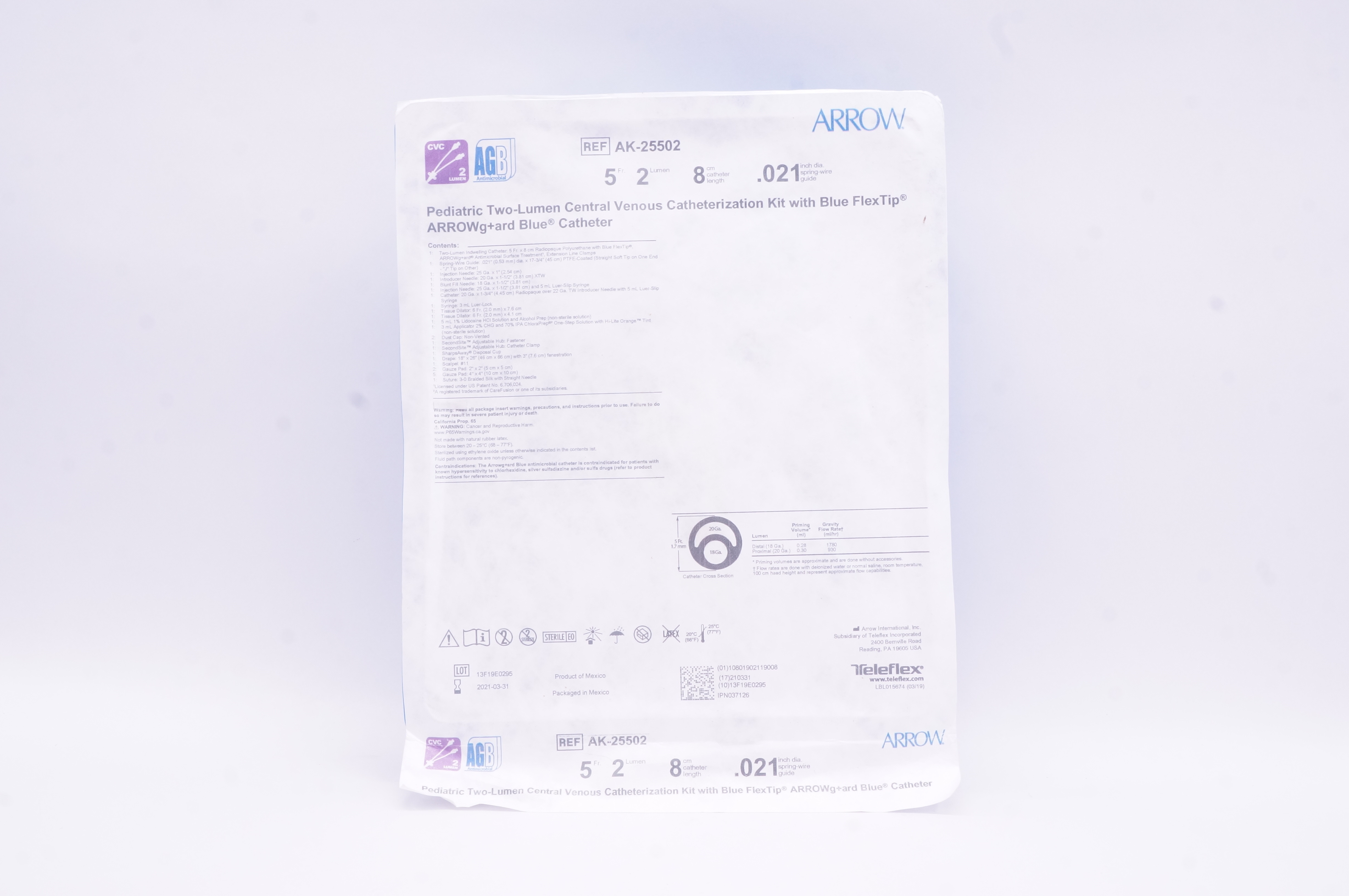 Arrow CDC-25502-X1A ARROWgard Blue Pediatric Two-Lumen CVC Kit 4Fr (x)