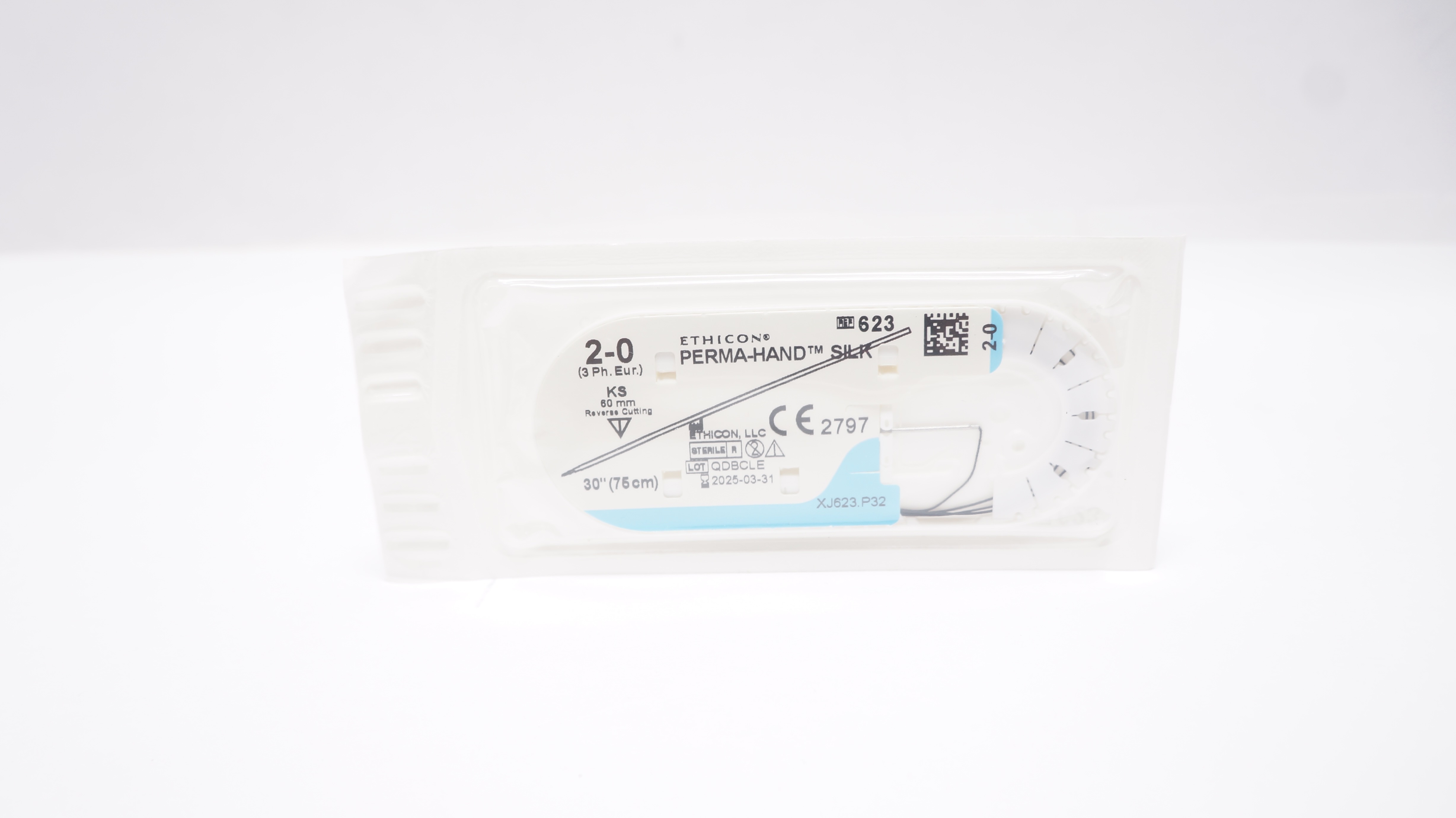 Ethicon 623 2-0 PERMA-HAND SILK, KS 60mm Straight Reverse Cutting, 30inch